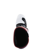 Alpinestars Youth Tech 7S laarzen, motorcrosslaarzen, White Black Rainbow, bovenaanzicht met inkijk in de laars, zwart interieur met rode rand, witte neus met zwart Alpinestars-logo