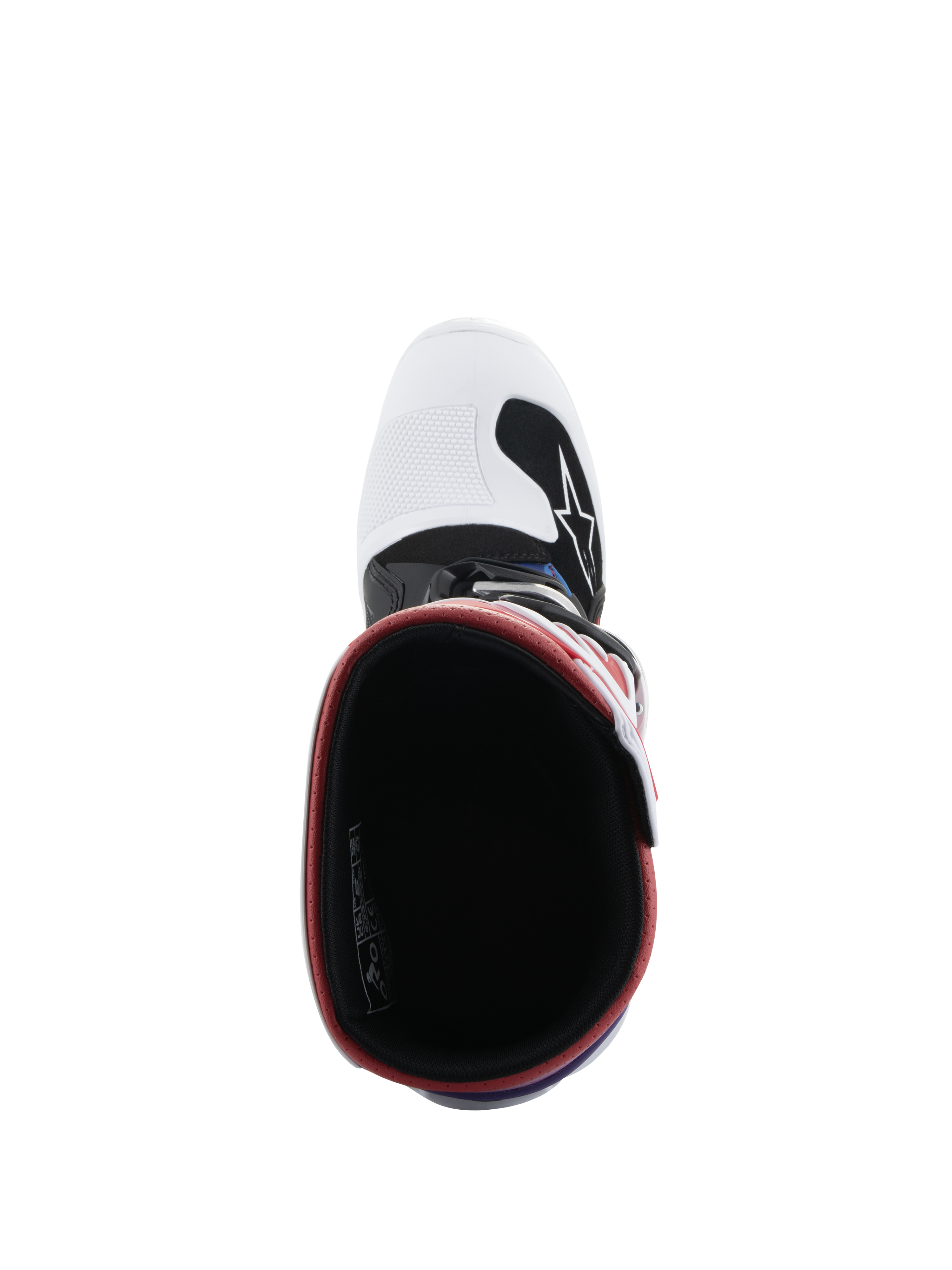 Alpinestars Youth Tech 7S laarzen, motorcrosslaarzen, White Black Rainbow, bovenaanzicht met inkijk in de laars, zwart interieur met rode rand, witte neus met zwart Alpinestars-logo