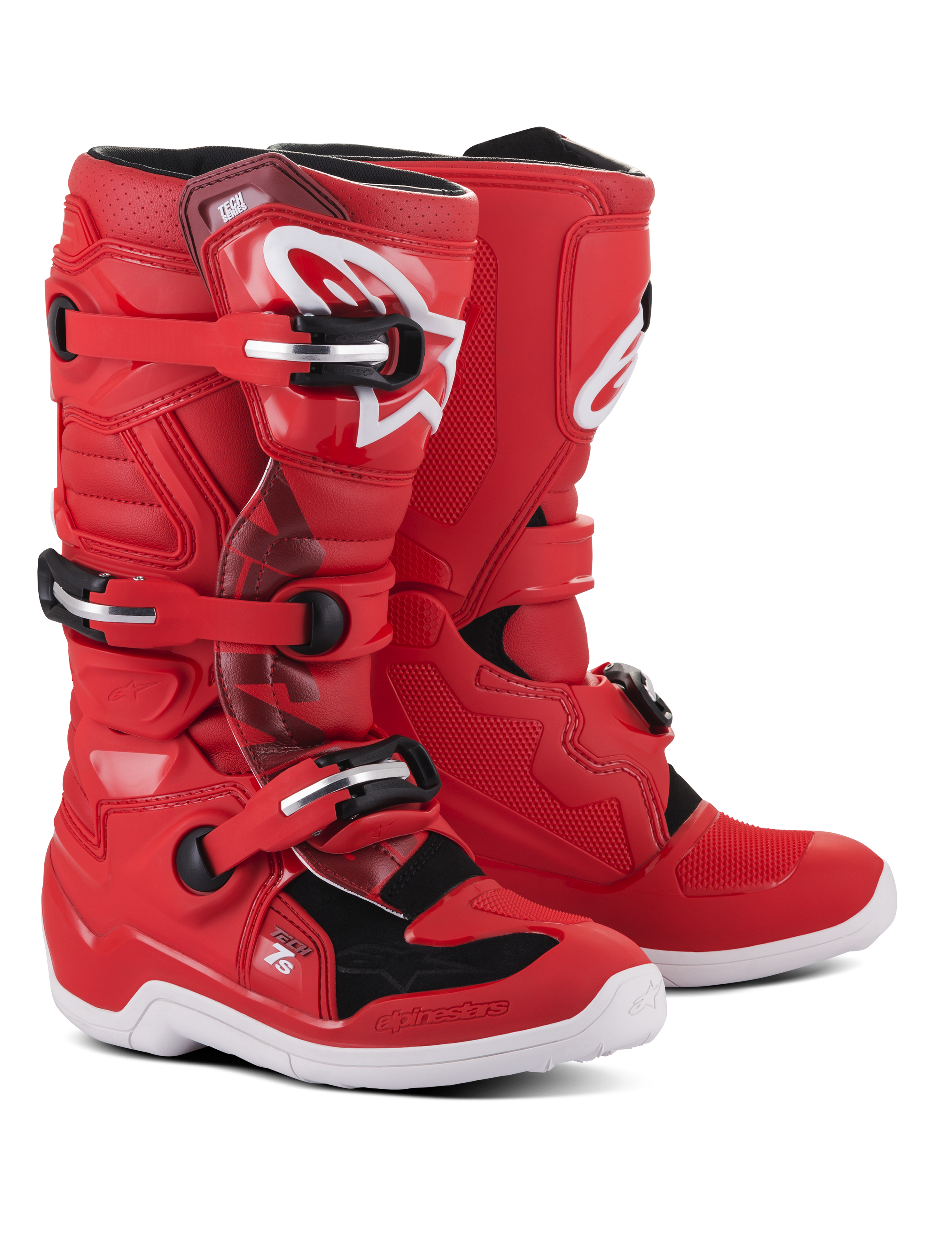 Alpinestars Youth Tech 7S, bottes de motocross pour enfant, rouge avec accents blancs et noirs, système de fermeture à trois boucles, logo Alpinestars blanc sur le tibia et semelle blanche durable