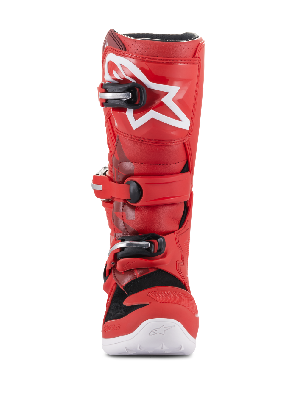 Bottes Alpinestars Youth Tech 7S, bottes de motocross pour enfants, rouge, avec logo étoile blanc sur le tibia, système de boucles noir et argent, semelle blanche, construction durable pour le tout-terrain, vue de face