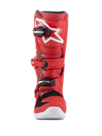 Bottes Alpinestars Youth Tech 7S, bottes de motocross pour enfants, rouge, avec logo étoile blanc sur le tibia, système de boucles noir et argent, semelle blanche, construction durable pour le tout-terrain, vue de face