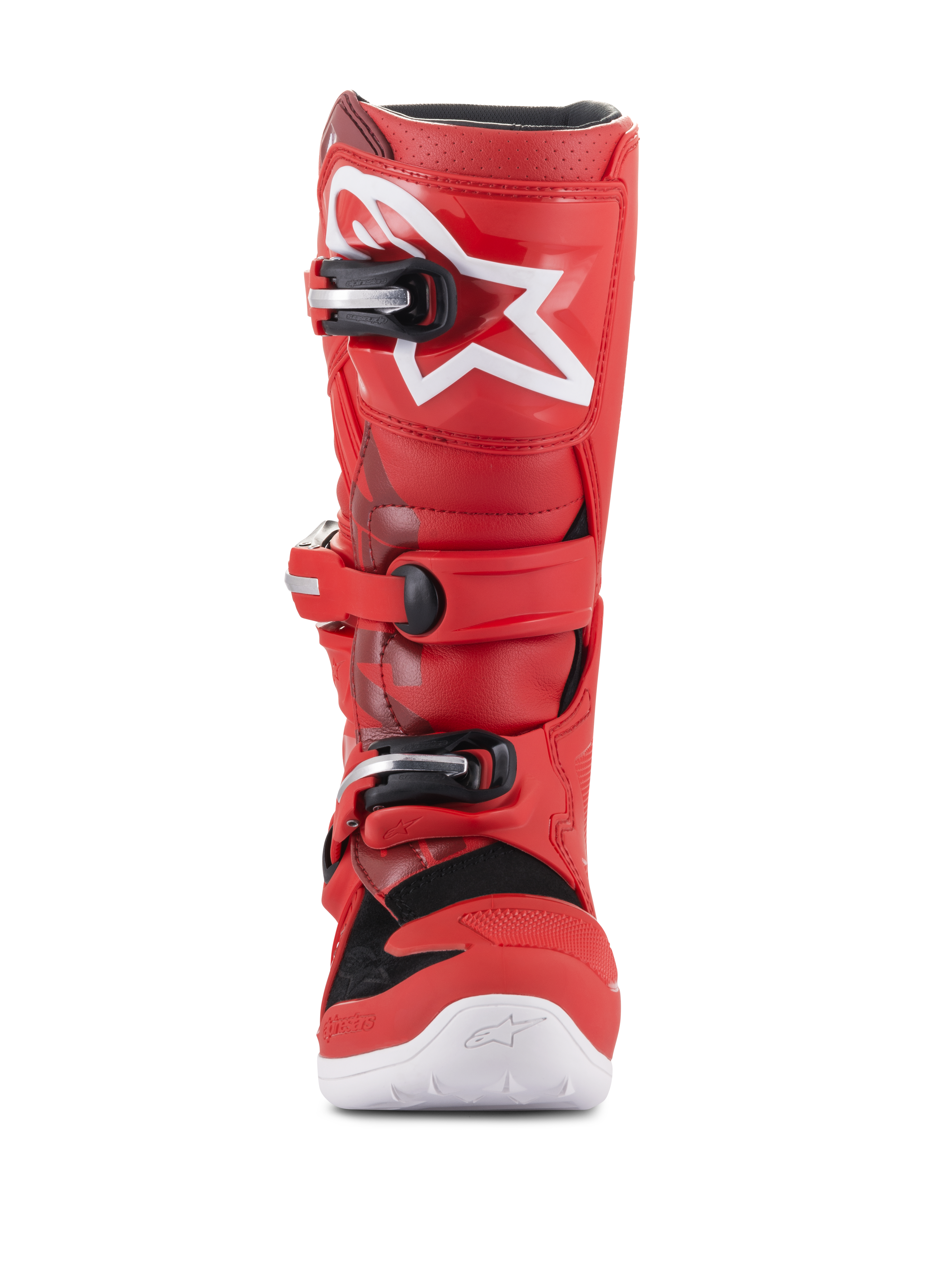 Bottes Alpinestars Youth Tech 7S, bottes de motocross pour enfants, rouge, avec logo étoile blanc sur le tibia, système de boucles noir et argent, semelle blanche, construction durable pour le tout-terrain, vue de face