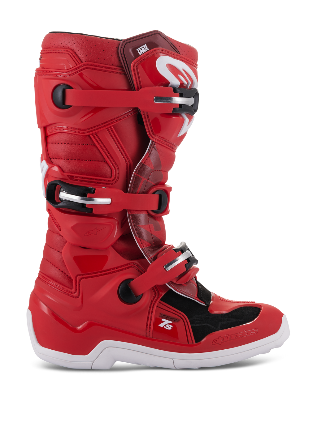 Alpinestars Youth Tech 7S, bottes de motocross tout-terrain, rouge avec accents noirs et blancs, système de fermeture à boucles multiples, panneaux de protection texturés, semelle blanche, structure renforcée pour les jeunes pilotes