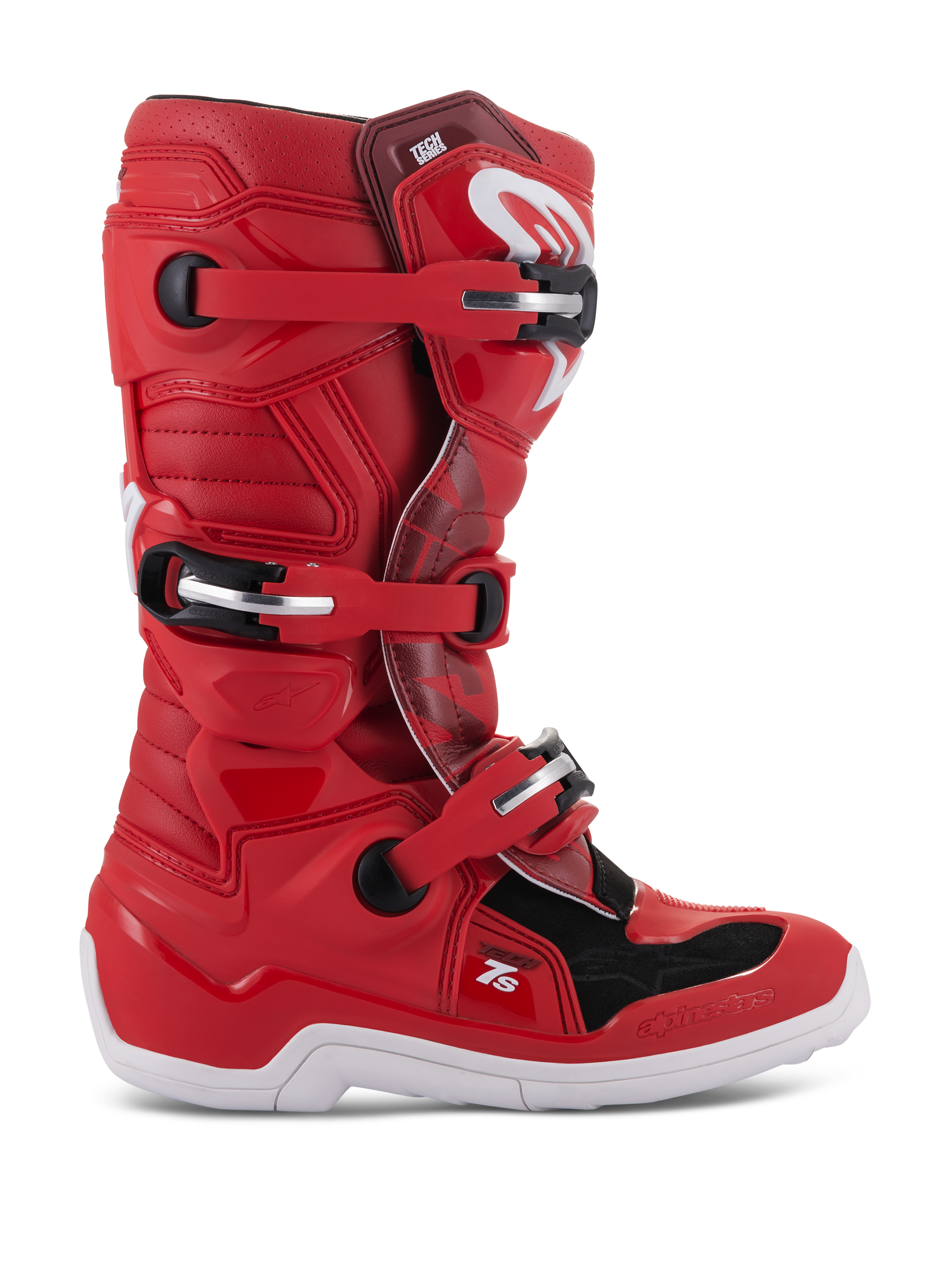 Alpinestars Youth Tech 7S, bottes de motocross tout-terrain, rouge avec accents noirs et blancs, système de fermeture à boucles multiples, panneaux de protection texturés, semelle blanche, structure renforcée pour les jeunes pilotes