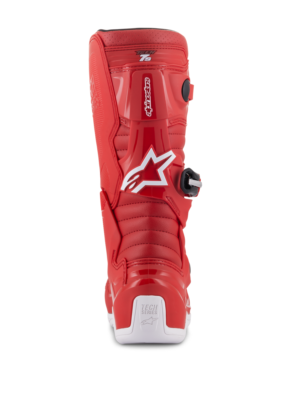 Bottes Alpinestars Tech 7S Junior, bottes de motocross rouges, vue arrière présentant le logo Alpinestars blanc et un protecteur de talon, zones de flexion nervurées, construction protectrice en TPU pour la course tout-terrain junior