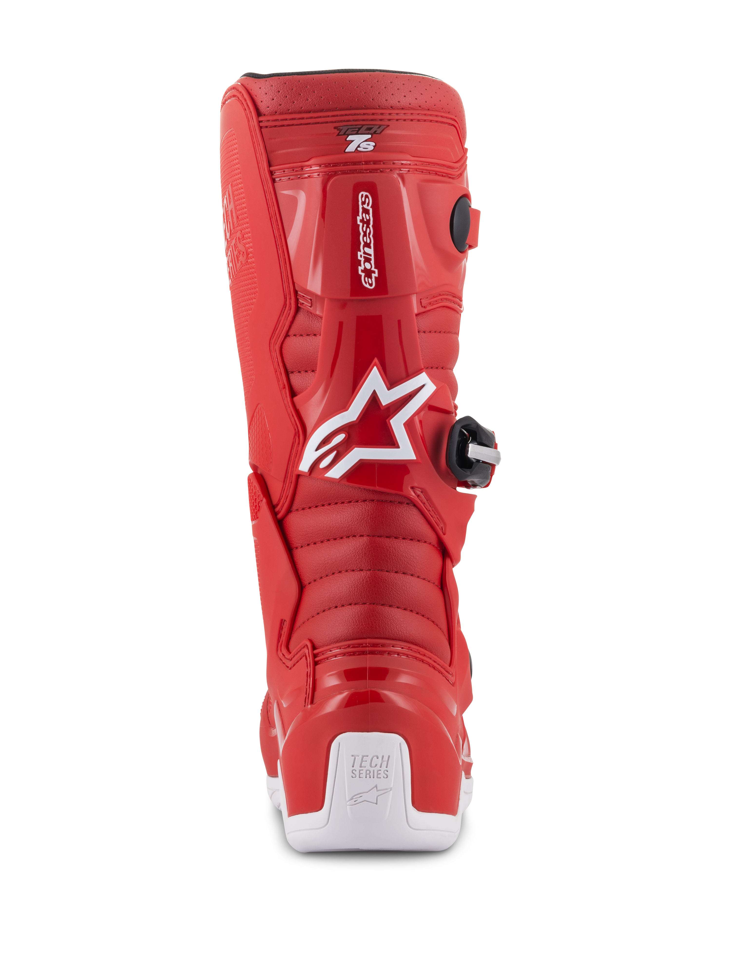 Bottes Alpinestars Tech 7S Junior, bottes de motocross rouges, vue arrière présentant le logo Alpinestars blanc et un protecteur de talon, zones de flexion nervurées, construction protectrice en TPU pour la course tout-terrain junior