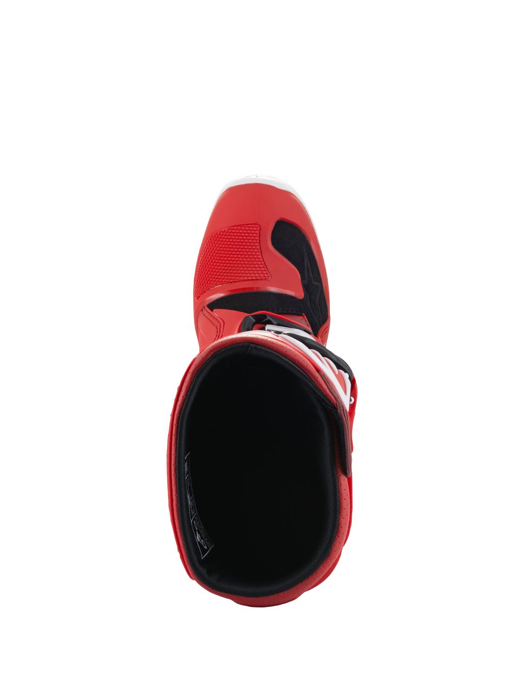 Bottes Alpinestars Tech 7S Junior, bottes de motocross, rouges, vue de dessus montrant la doublure intérieure et l'ouverture, coque extérieure rouge avec accents noirs et blancs, conçues pour les jeunes pilotes tout-terrain