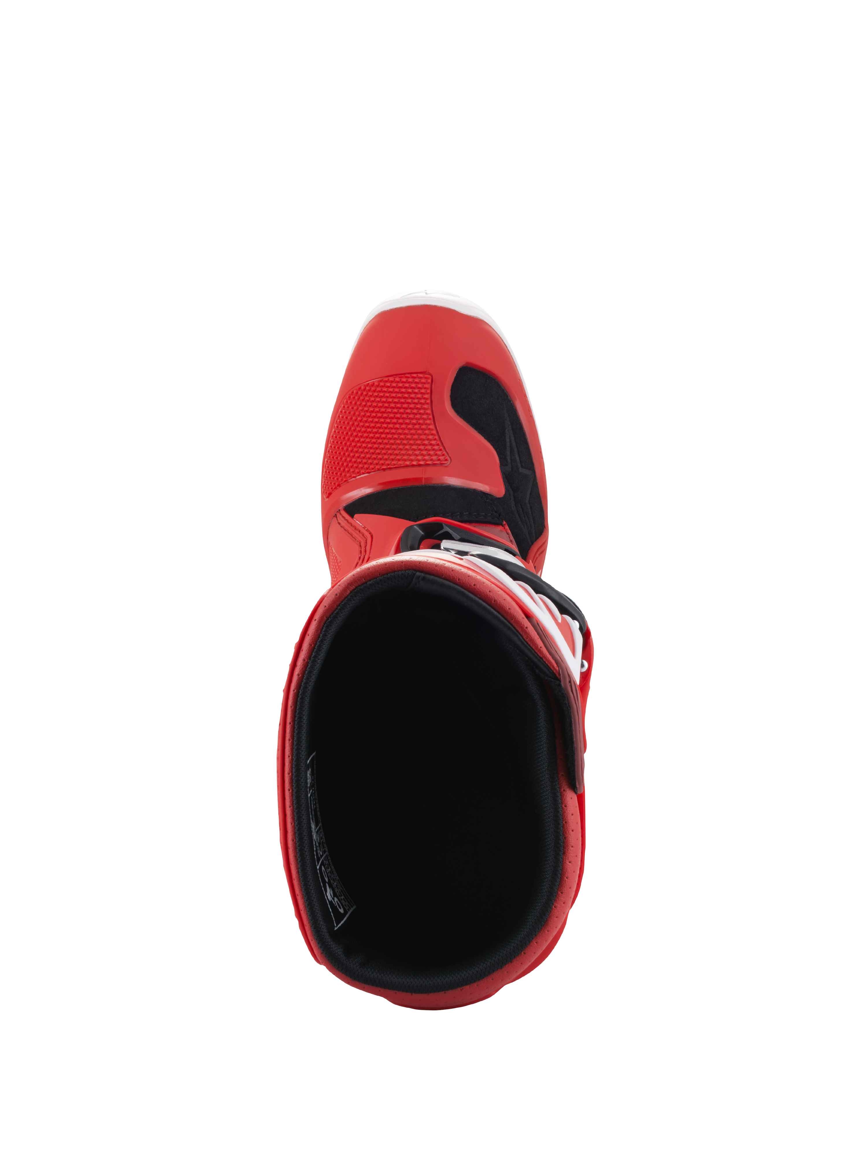 Bottes Alpinestars Tech 7S Junior, bottes de motocross, rouges, vue de dessus montrant la doublure intérieure et l'ouverture, coque extérieure rouge avec accents noirs et blancs, conçues pour les jeunes pilotes tout-terrain