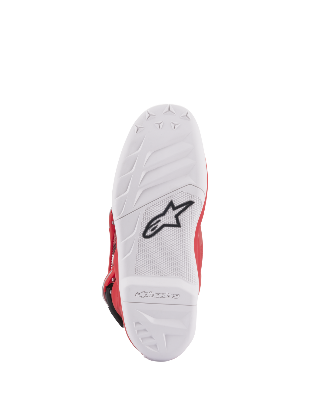 Bottes Alpinestars Youth Tech 7S, vue de la semelle, semelle en composé blanc avec logo étoile noir, motif en caoutchouc à haute adhérence pour une durabilité et une sensation supérieures, logo Alpinestars embossé sur le talon