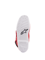 Bottes Alpinestars Youth Tech 7S, vue de la semelle, semelle en composé blanc avec logo étoile noir, motif en caoutchouc à haute adhérence pour une durabilité et une sensation supérieures, logo Alpinestars embossé sur le talon