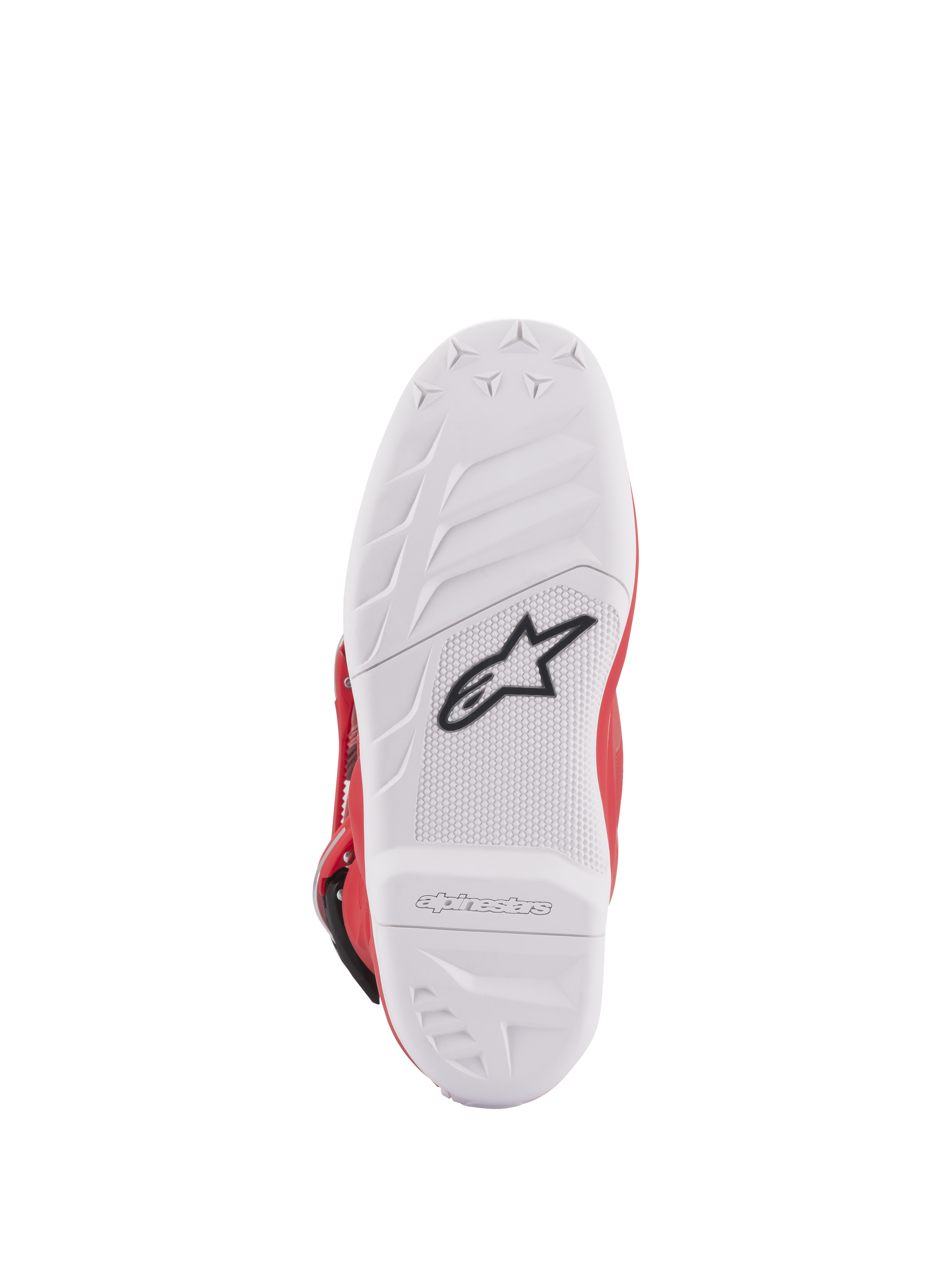 Bottes Alpinestars Youth Tech 7S, vue de la semelle, semelle en composé blanc avec logo étoile noir, motif en caoutchouc à haute adhérence pour une durabilité et une sensation supérieures, logo Alpinestars embossé sur le talon