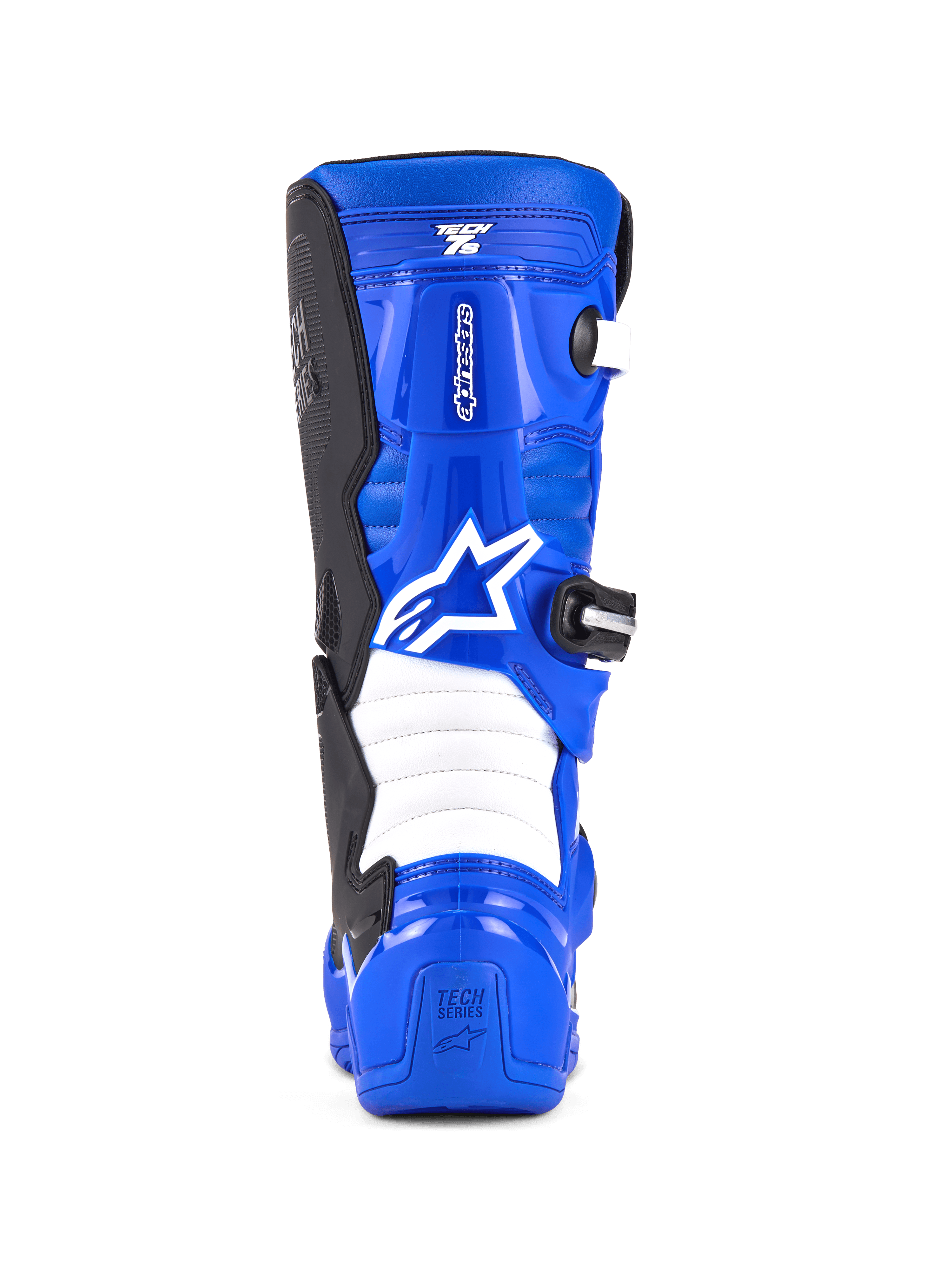 Alpinestars Youth Tech 7 S Stiefel, Motocross-Stiefel, Blau, Schwarz und Weiß, Rückansicht mit weißem Alpinestars-Logo, blaue TPU-Schale mit weißen Akkordeon-Flexzonen, schützendes Schuhwerk für jugendliche Offroad-Fahrer.