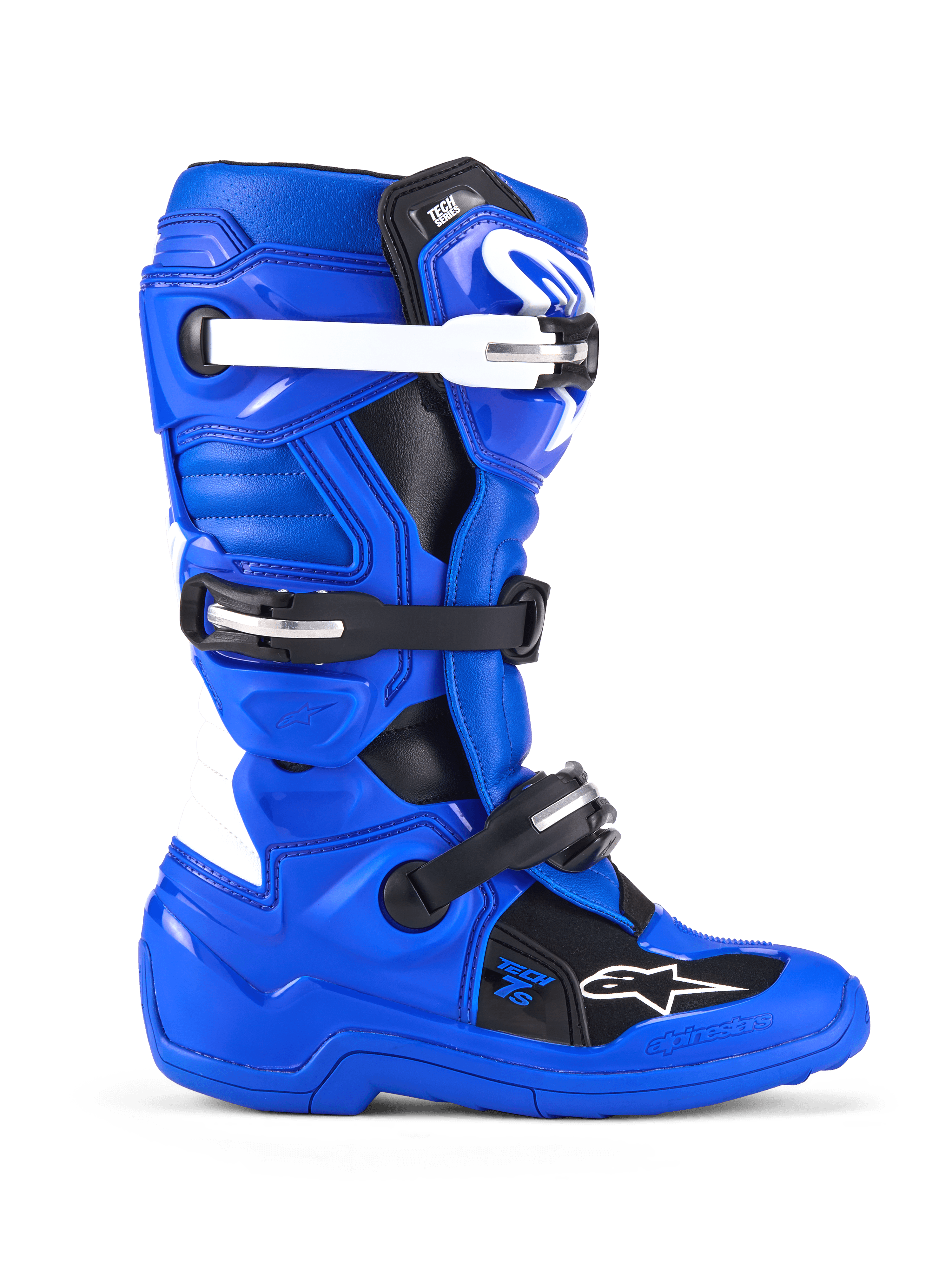 Alpinestars Youth Tech 7 S Stiefel, Motocross-Stiefel, Blau, Schwarz und Weiß, Seitenansicht mit PU-verstärktem Mikrofaser-Obermaterial, Vier-Schnallen-Verschlusssystem mit weißen und schwarzen Riemen, TPU-Schienbeinplatte und Alpinestars-Logo, schützende Offroad-Fußbekleidung für junge Fahrer