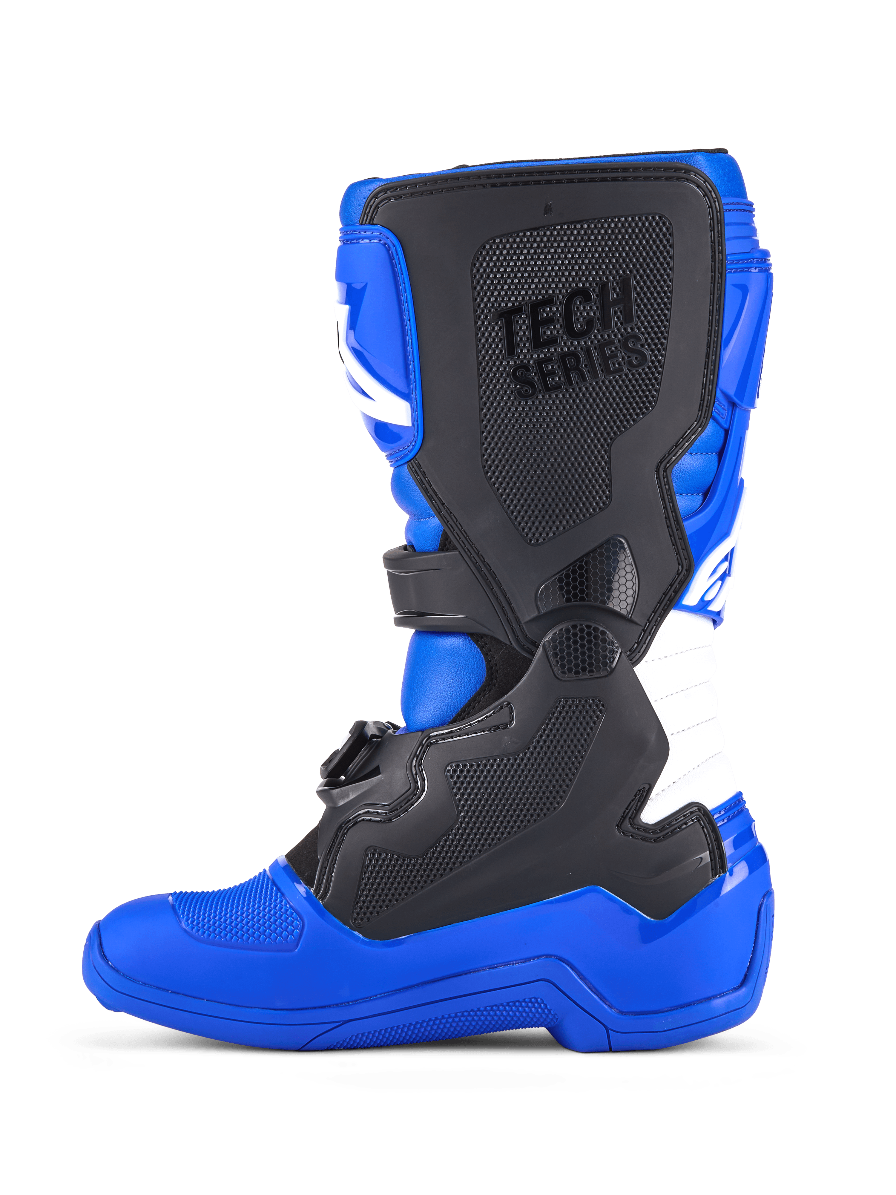 Alpinestars Youth Tech 7 S Stiefel, Motocross-Stiefel, Blau, Schwarz und Weiß, seitliche Außenansicht mit schwarzen TPU-Schutzpaneelen, 'TECH SERIES'-Branding auf der Schienbeinplatte, weißer Akkordeon-Flexzone und strapazierfähiger blauer Sohle für den Offroad-Rennsport.