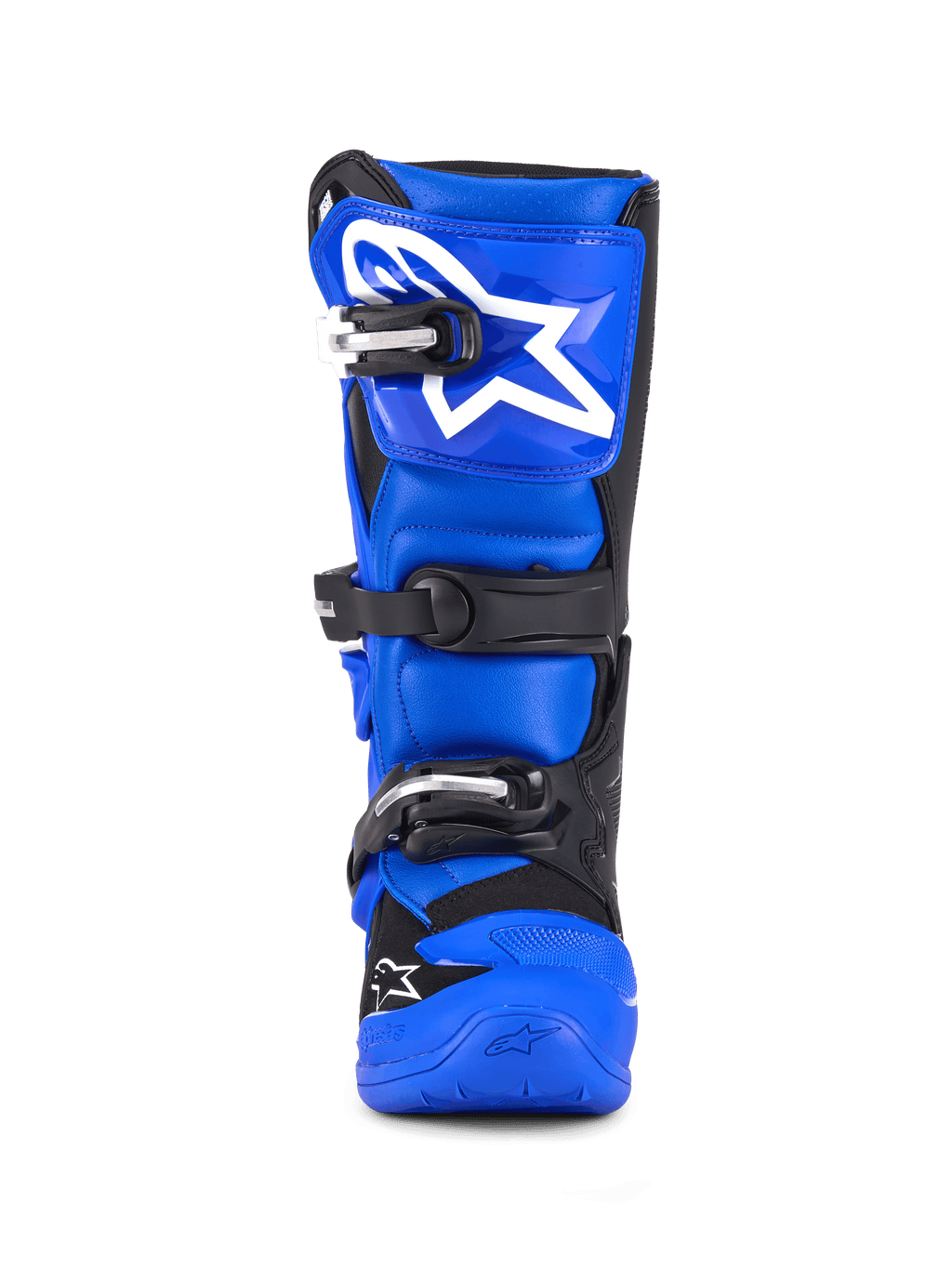 Alpinestars Youth Tech 7 S Stiefel, Motocross-Stiefel, Blau, Schwarz und Weiß, Vorderansicht mit dreifachem Schnallenverschluss, großes weißes Alpinestars-Logo auf der Schienbeinplatte, strapazierfähige blaue Sohle, hochperformante Schutzausrüstung für junge Fahrer