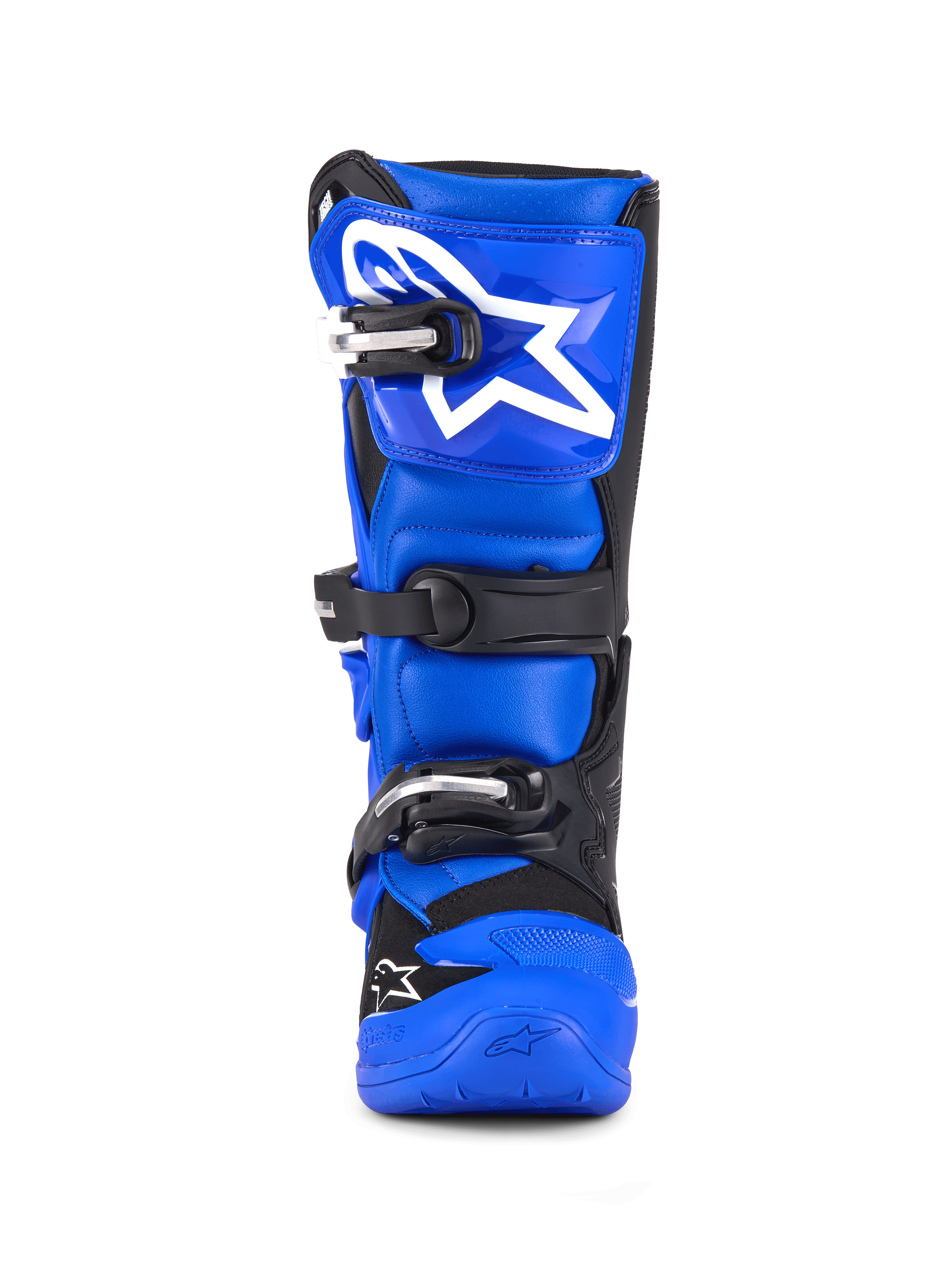 Alpinestars Youth Tech 7 S Stiefel, Motocross-Stiefel, Blau, Schwarz und Weiß, Vorderansicht mit dreifachem Schnallenverschluss, großes weißes Alpinestars-Logo auf der Schienbeinplatte, strapazierfähige blaue Sohle, hochperformante Schutzausrüstung für junge Fahrer