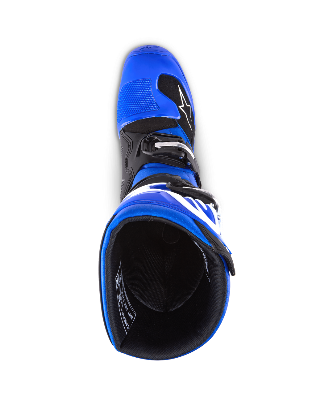 Alpinestars Youth Tech 7 S Stiefel, Motocross-Stiefel, Blau, Schwarz und Weiß, Draufsicht mit Blick in das Stiefelinnere, zeigt blaue Außenschale und schwarzes Innenfutter, strapazierfähige Konstruktion mit weißem Branding für Jugend-Motocross-Rennsport