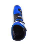 Alpinestars Youth Tech 7 S Stiefel, Motocross-Stiefel, Blau, Schwarz und Weiß, Draufsicht mit Blick in das Stiefelinnere, zeigt blaue Außenschale und schwarzes Innenfutter, strapazierfähige Konstruktion mit weißem Branding für Jugend-Motocross-Rennsport