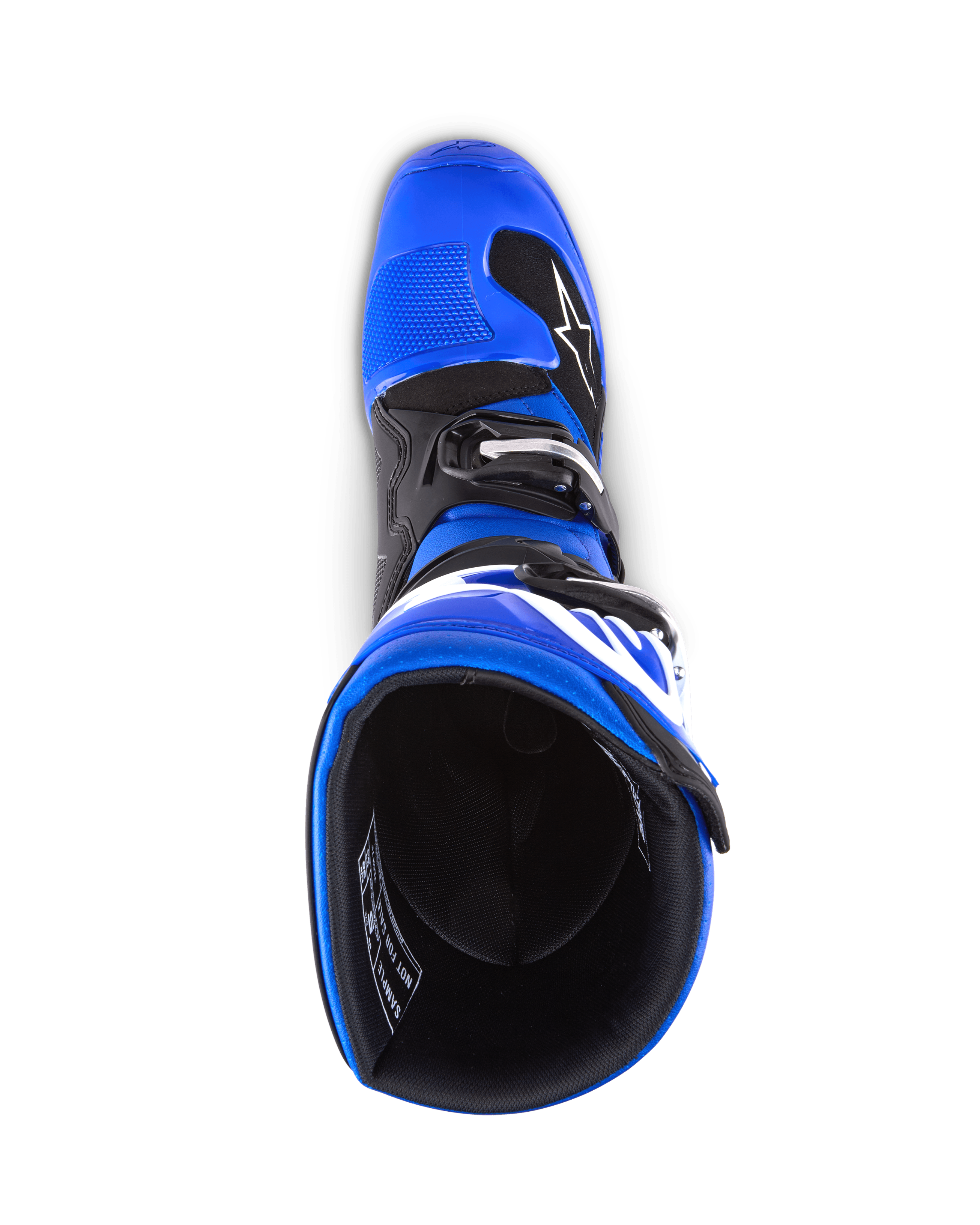 Alpinestars Youth Tech 7 S Stiefel, Motocross-Stiefel, Blau, Schwarz und Weiß, Draufsicht mit Blick in das Stiefelinnere, zeigt blaue Außenschale und schwarzes Innenfutter, strapazierfähige Konstruktion mit weißem Branding für Jugend-Motocross-Rennsport