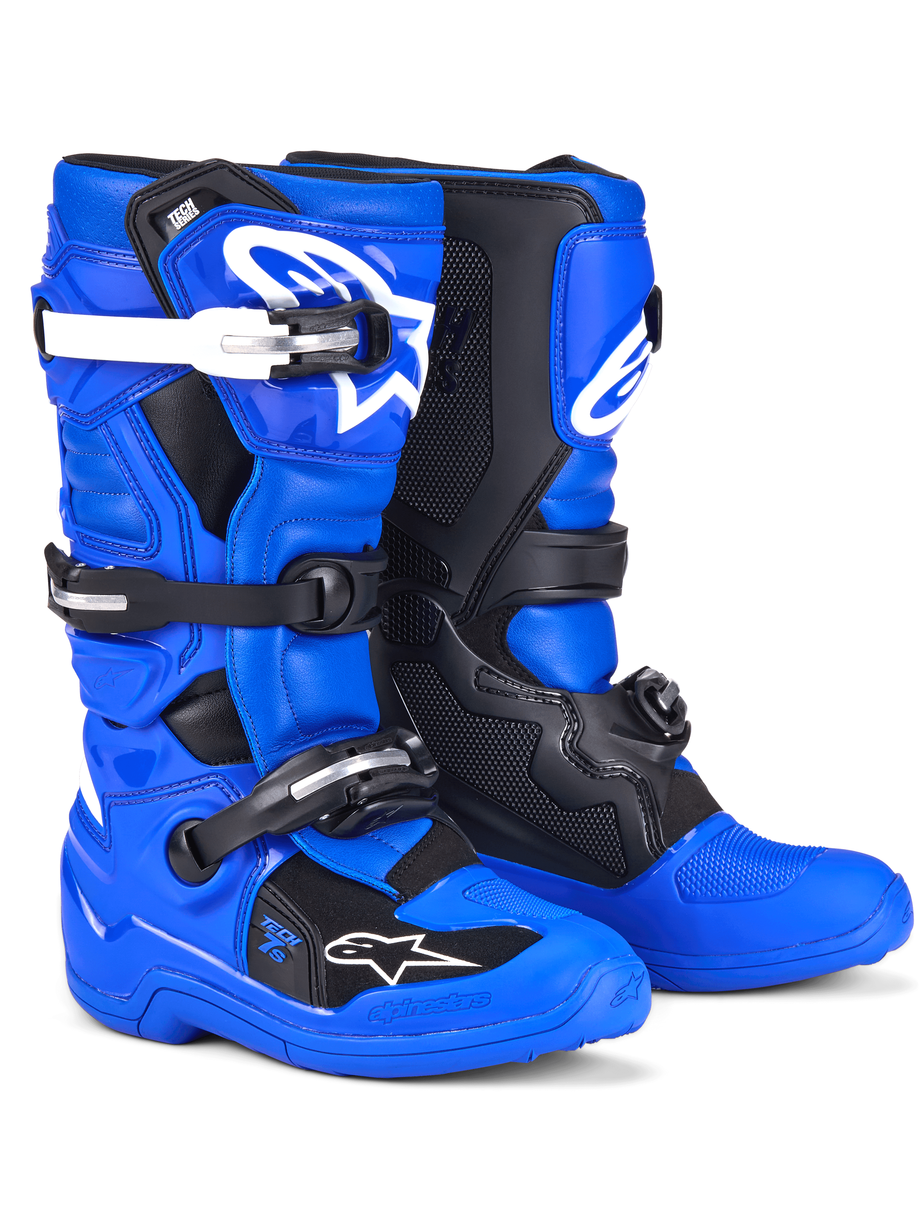 Alpinestars Youth Tech 7 S Stiefel, Motocross-Stiefel, Blau, Schwarz und Weiß, mit leuchtend blauem Obermaterial, schwarzen Schutzpaneelen und weißen Schnallenakzenten, Mehrfach-Schnallenverschlusssystem, strapazierfähiges Design nach Rennspezifikation für den Offroad-Einsatz
