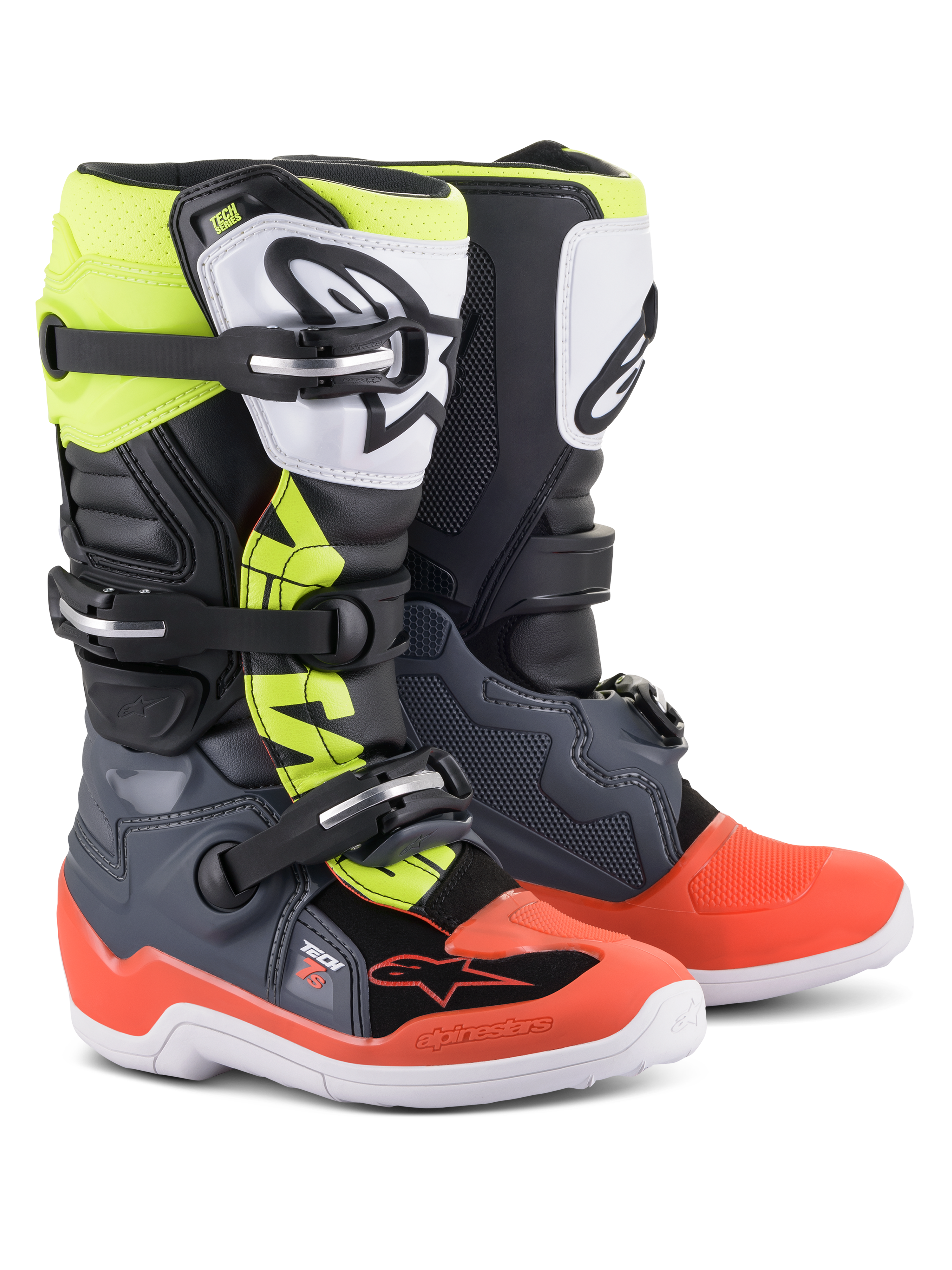 Alpinestars Youth Tech 7S Boots, Motocross Boots, Dark Gray with Red and Yellow Fluorescent accents, featuring a white TPU shin plate with black logo, triple buckle closure system, and durable white sole, designed for junior off-road riders.