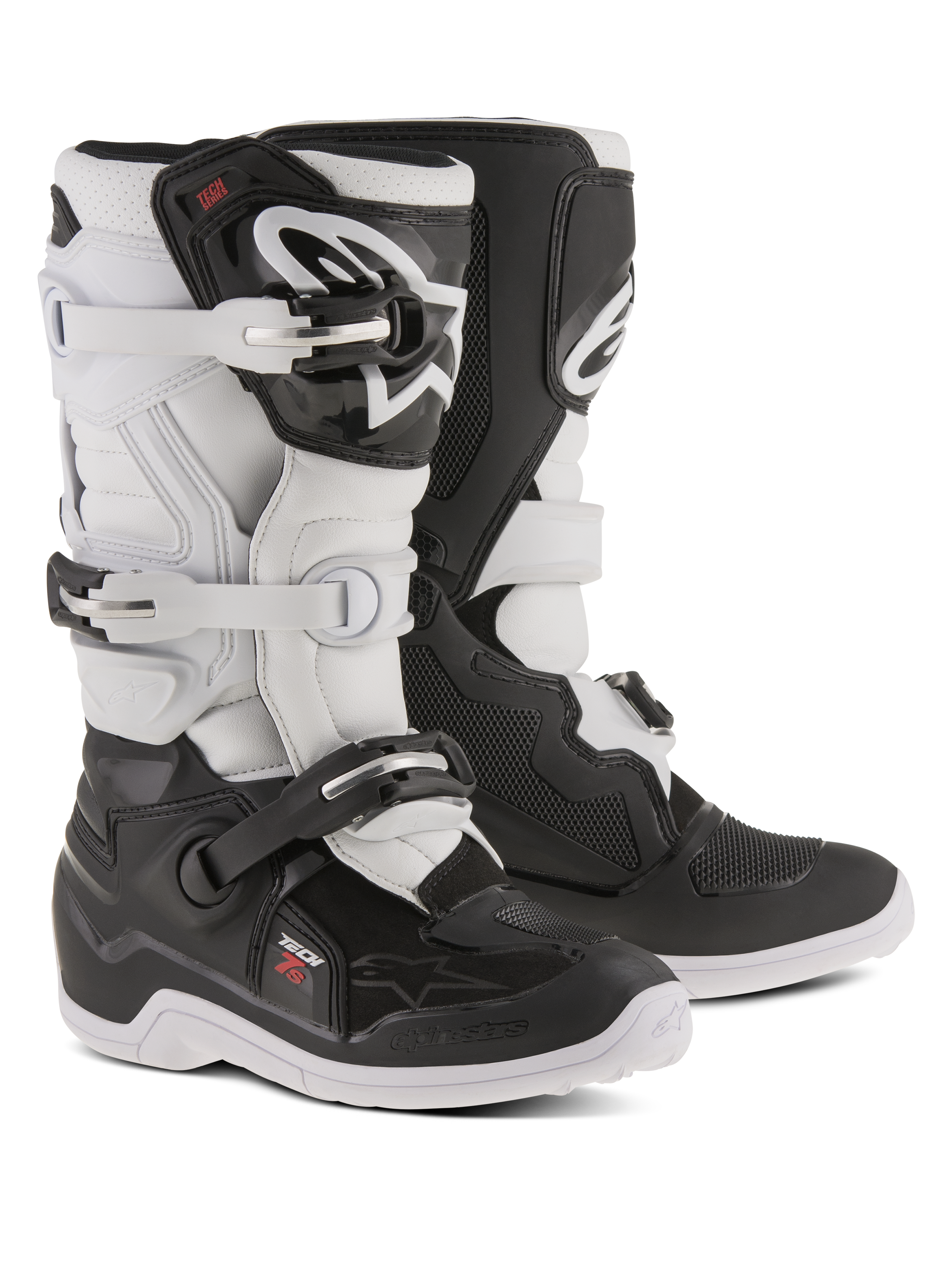 Alpinestars Youth Tech 7S laarzen, jeugd motorcrosslaarzen, zwart en wit, voorzien van een verstelbaar gespsluitsysteem, TPU-scheenbeschermer en draaisysteem, duurzame constructie met dikke zolen voor off-road rijden