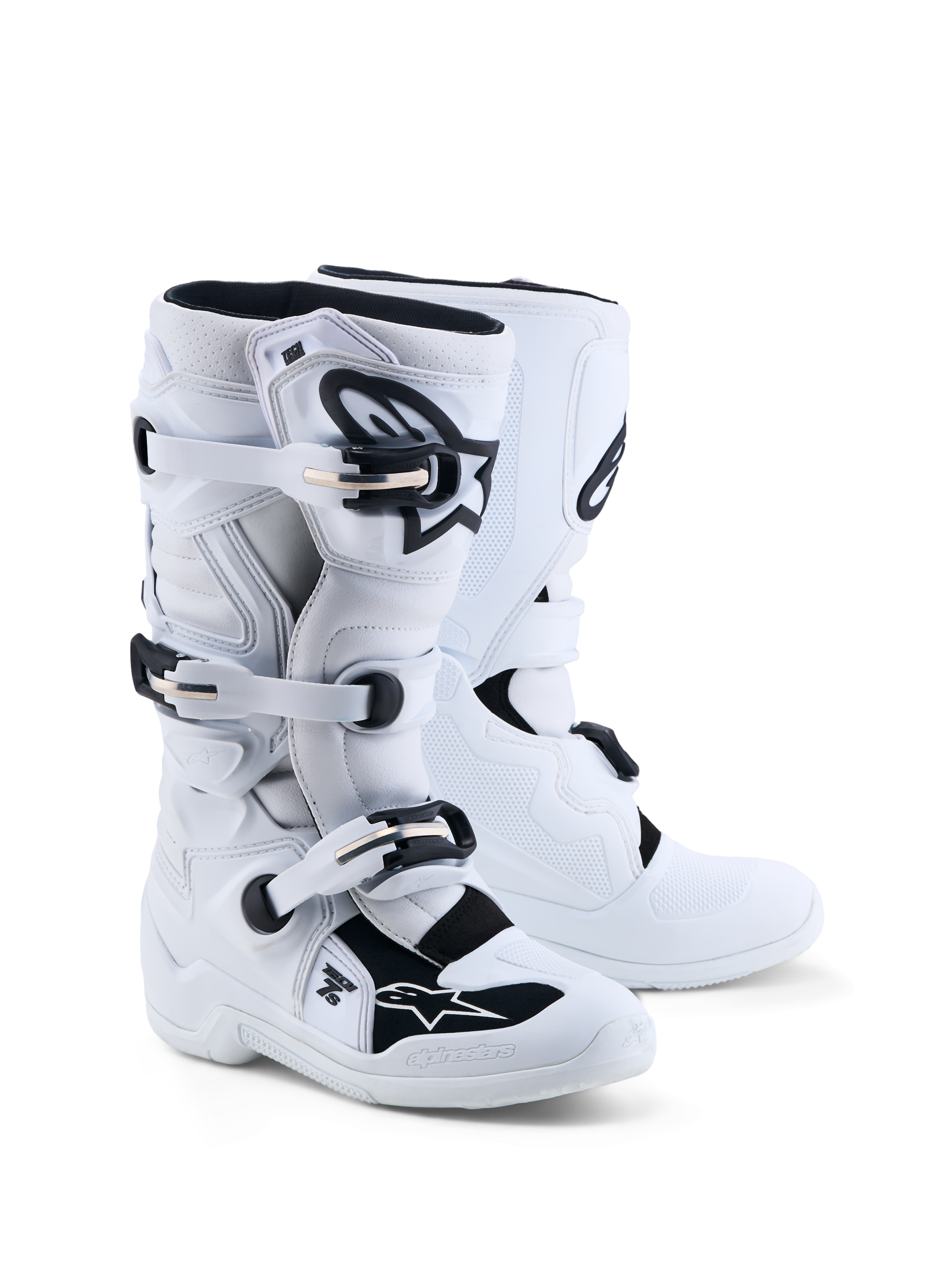 Alpinestars jeugd Tech 7S laarzen, witte en zwarte motorcrosslaarzen voor de jeugd, TPU-bescherming en CE-gecertificeerd.