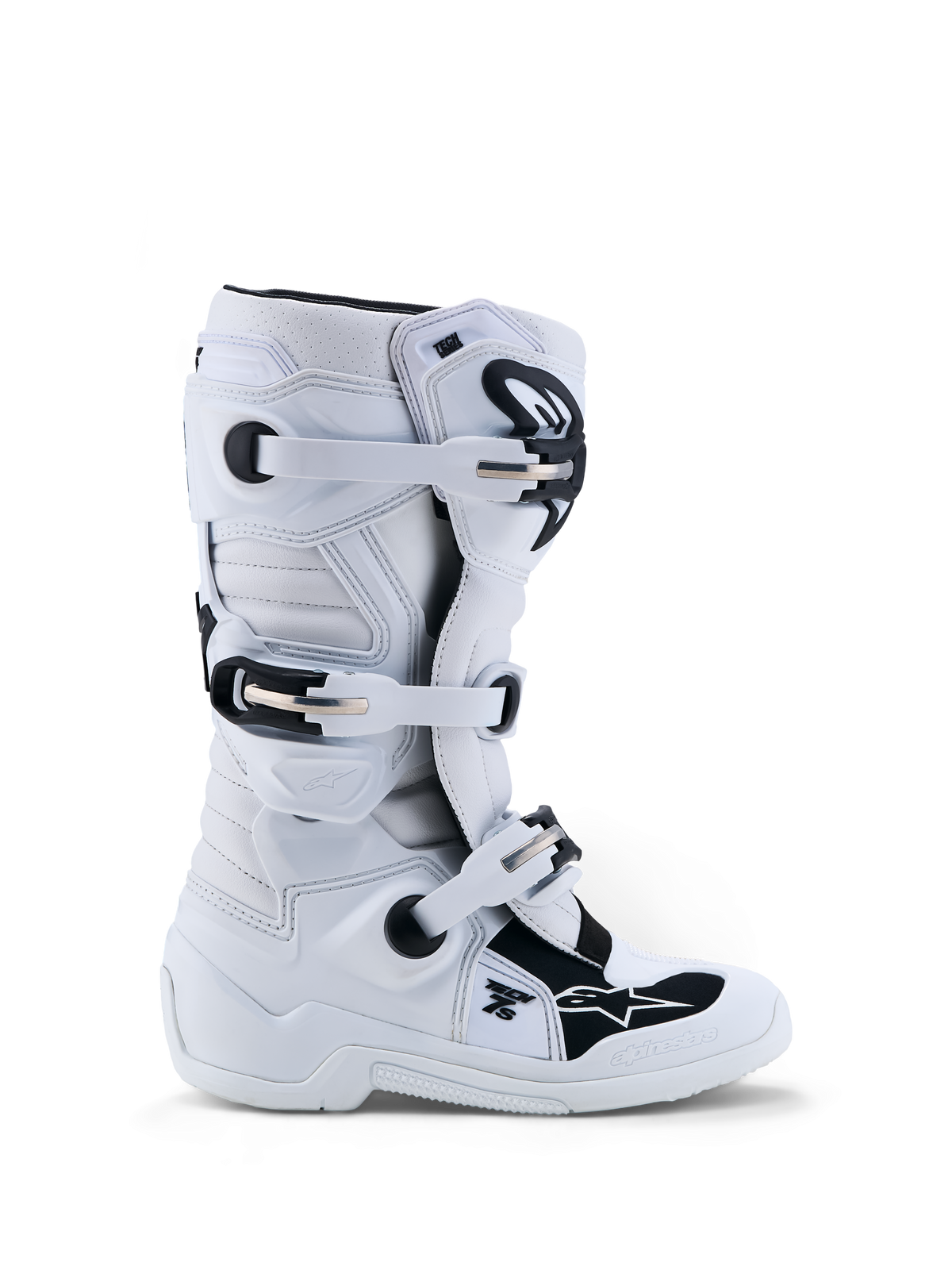 Alpinestars Tech 7S Junior, bottes de motocross pour enfant, blanches et noires, protection TPU et boucles robustes.
