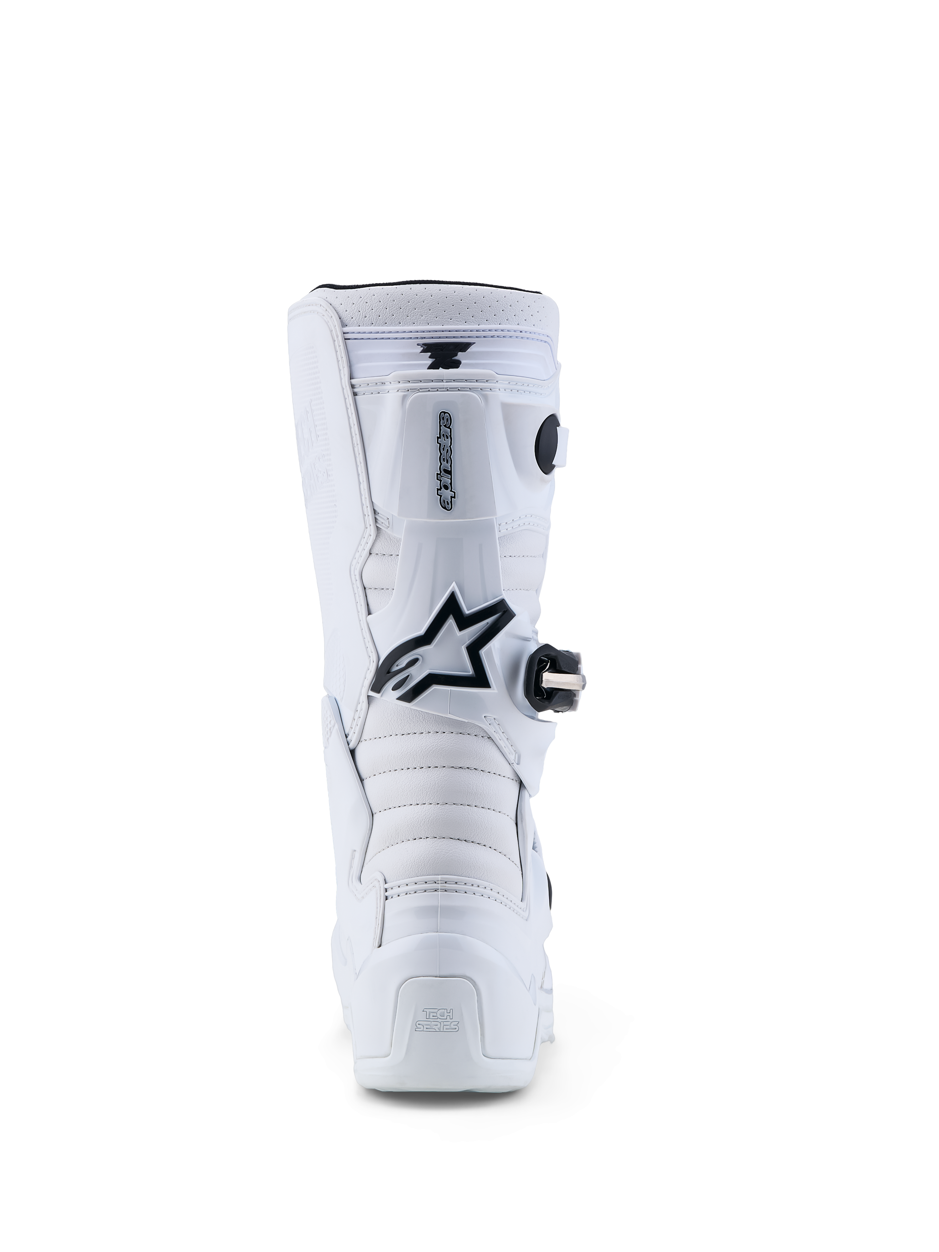 Alpinestars Jeugd Tech 7S motocrosslaarzen in wit en zwart, achteraanzicht met TPU-bescherming en draaisysteem voor mobiliteit.