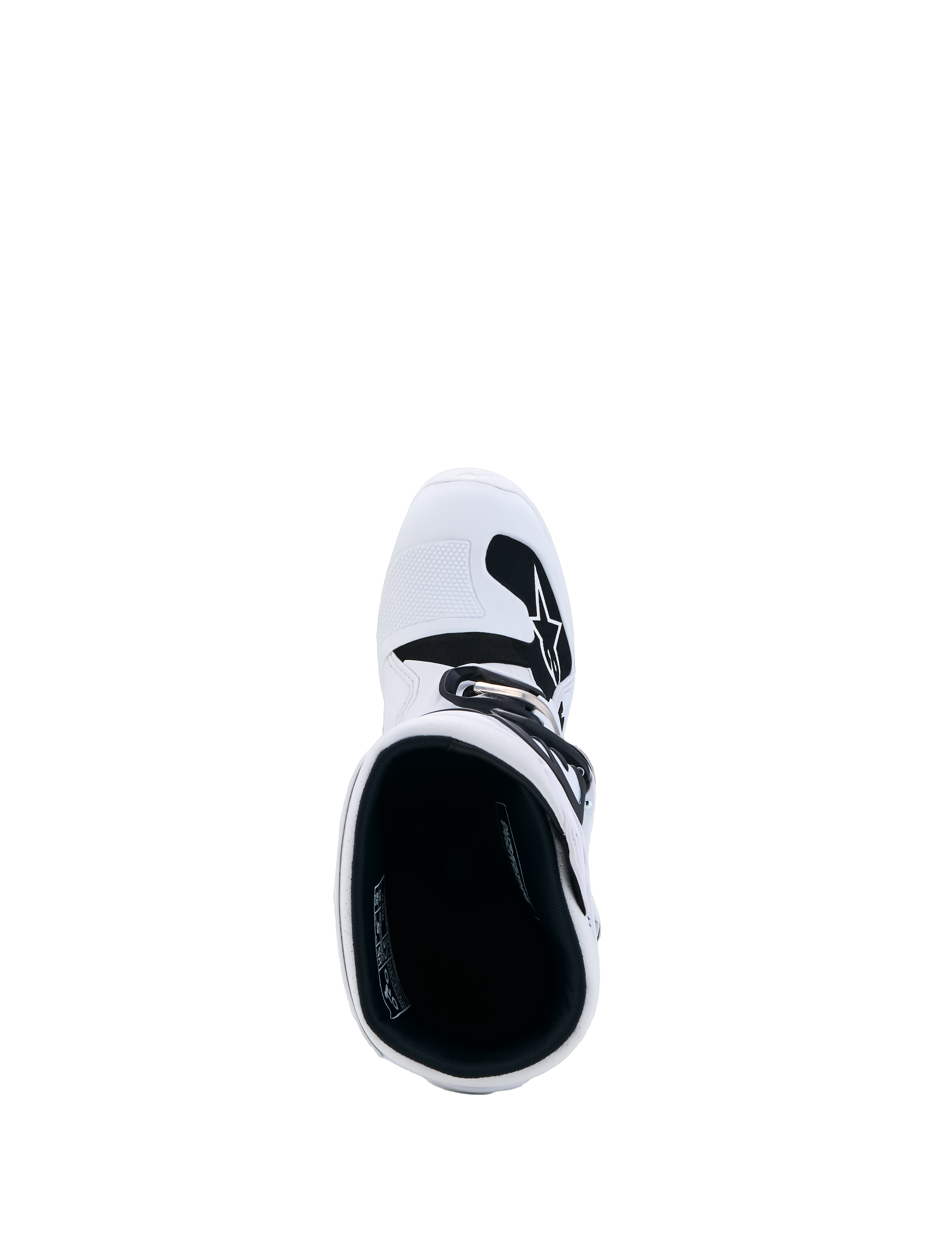 Alpinestars Jeugd Tech 7S laarzen, witte motorcrosslaarzen, bovenaanzicht met zwarte binnenvoering en TPU scheenplaat.