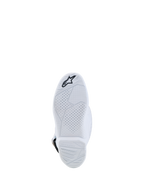 Alpinestars Jeugd Tech 7S laarzen, witte samengestelde zool met getextureerd grippatroon en zwart sterlogo, duurzame motocrosslaarzen voor jeugdrijders.