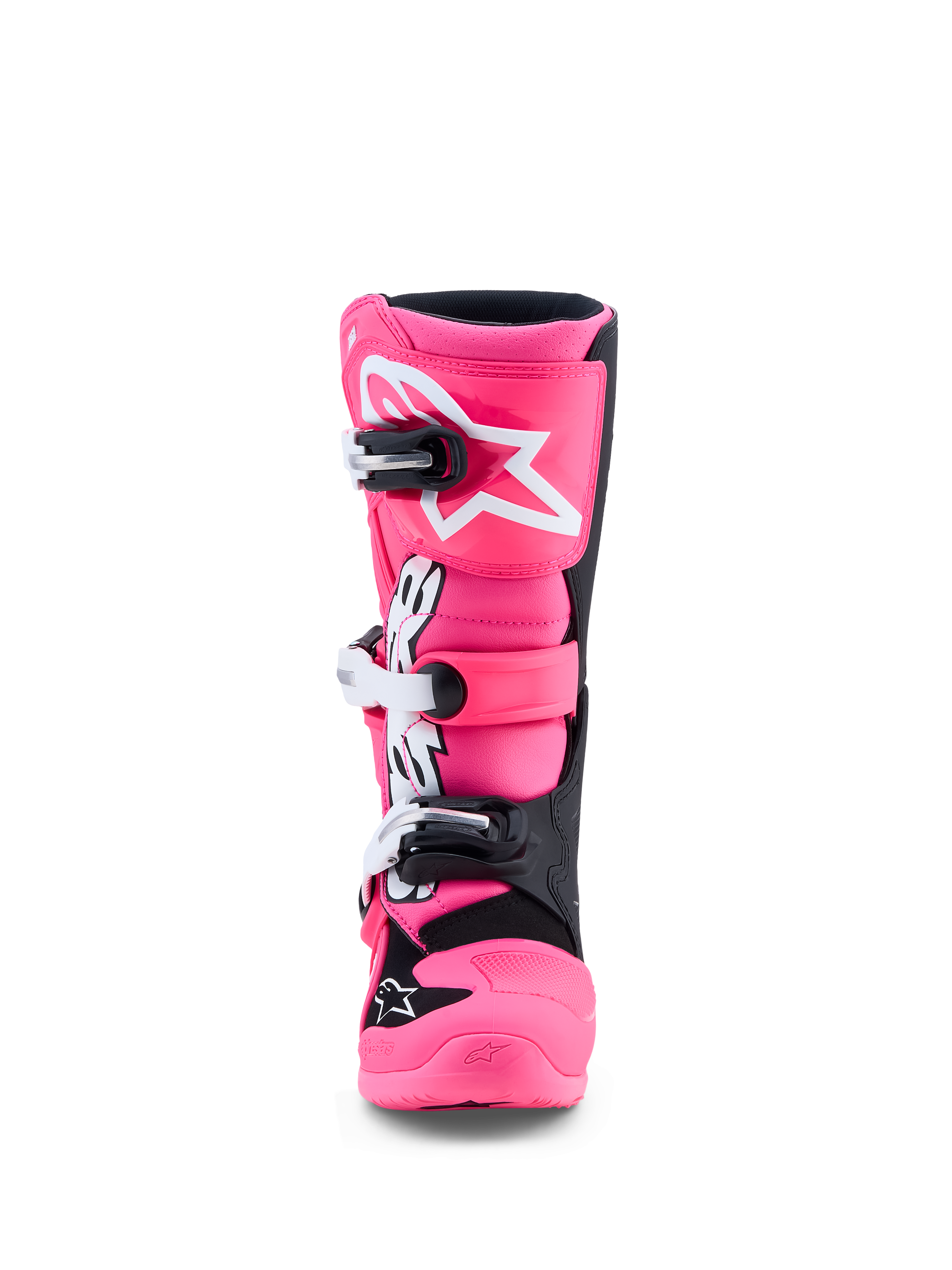 Alpinestars Jeugd Tech 7S laarzen, motocrosslaarzen voor kinderen, roze fluo en zwart, met TPU-scheenbeenbescherming en snelsluitingen.