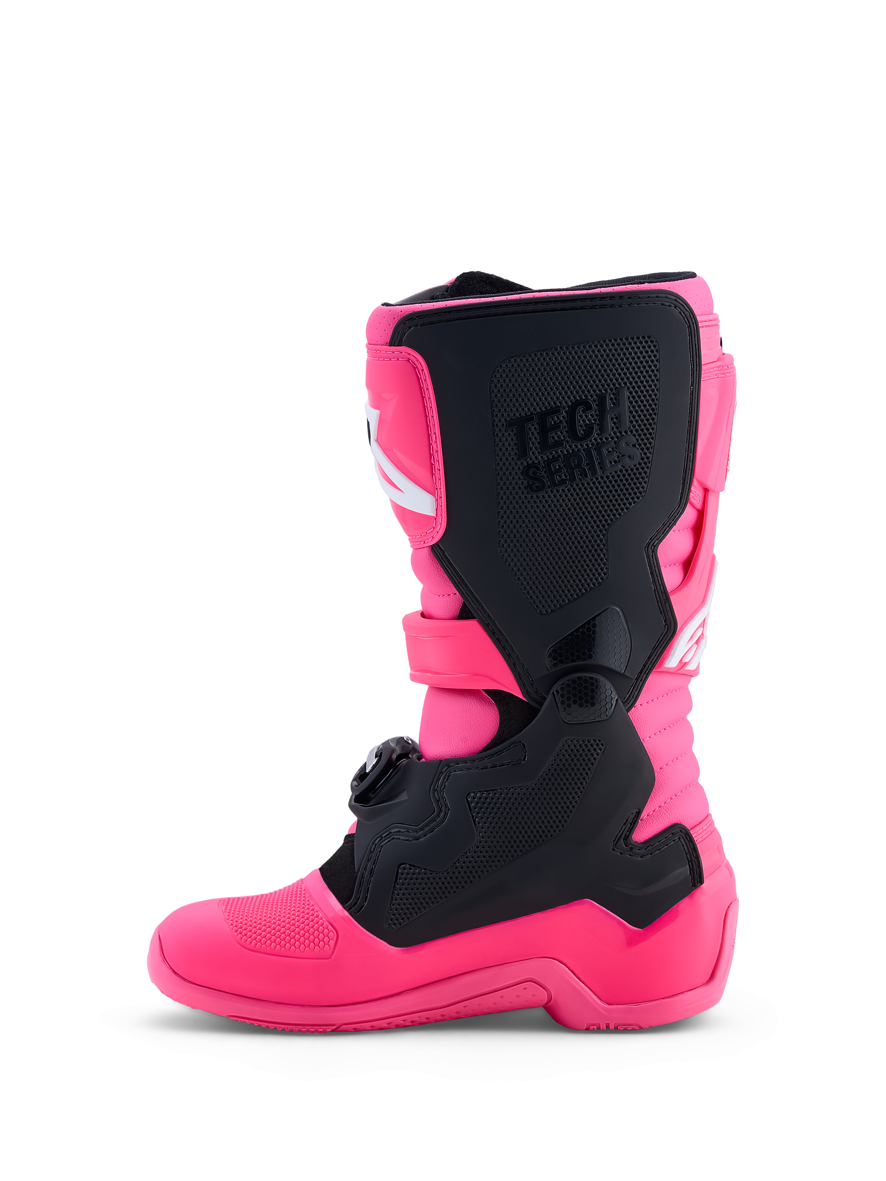 Alpinestars Jeugd Tech 7S laarzen, roze en zwarte motorcrosslaarzen met TPU-bescherming voor junioren.