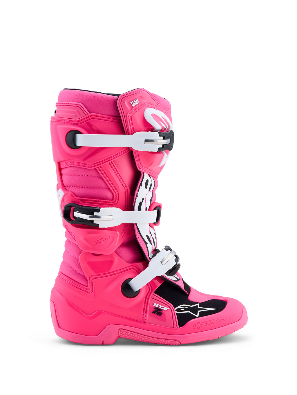 Alpinestars jeugd Tech 7S motorcrosslaarzen in roze en zwart met witte gespen en CE-gecertificeerde TPU-bescherming.