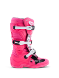 Alpinestars Tech 7S Jugend-Stiefel für Motocross, Fluo-Pink und Schwarz, mit weißen Schnallen und TPU-Schutz.
