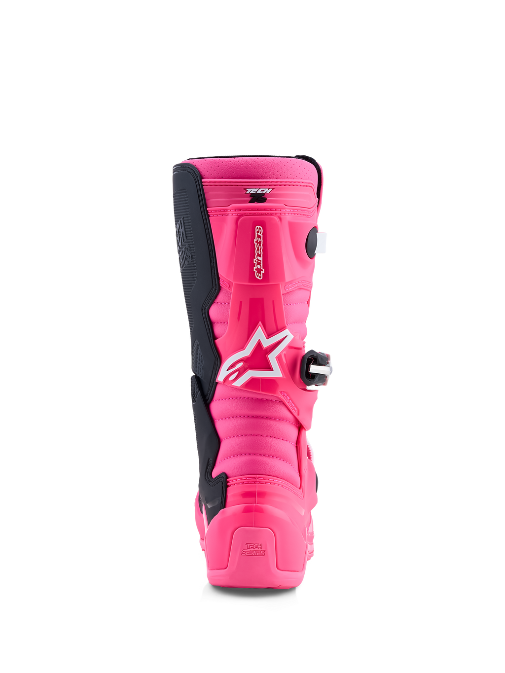 Alpinestars Jeugd Tech 7S motorcrosslaarzen in felroze en zwart, met TPU-bescherming en pivot-systeem, achteraanzicht.