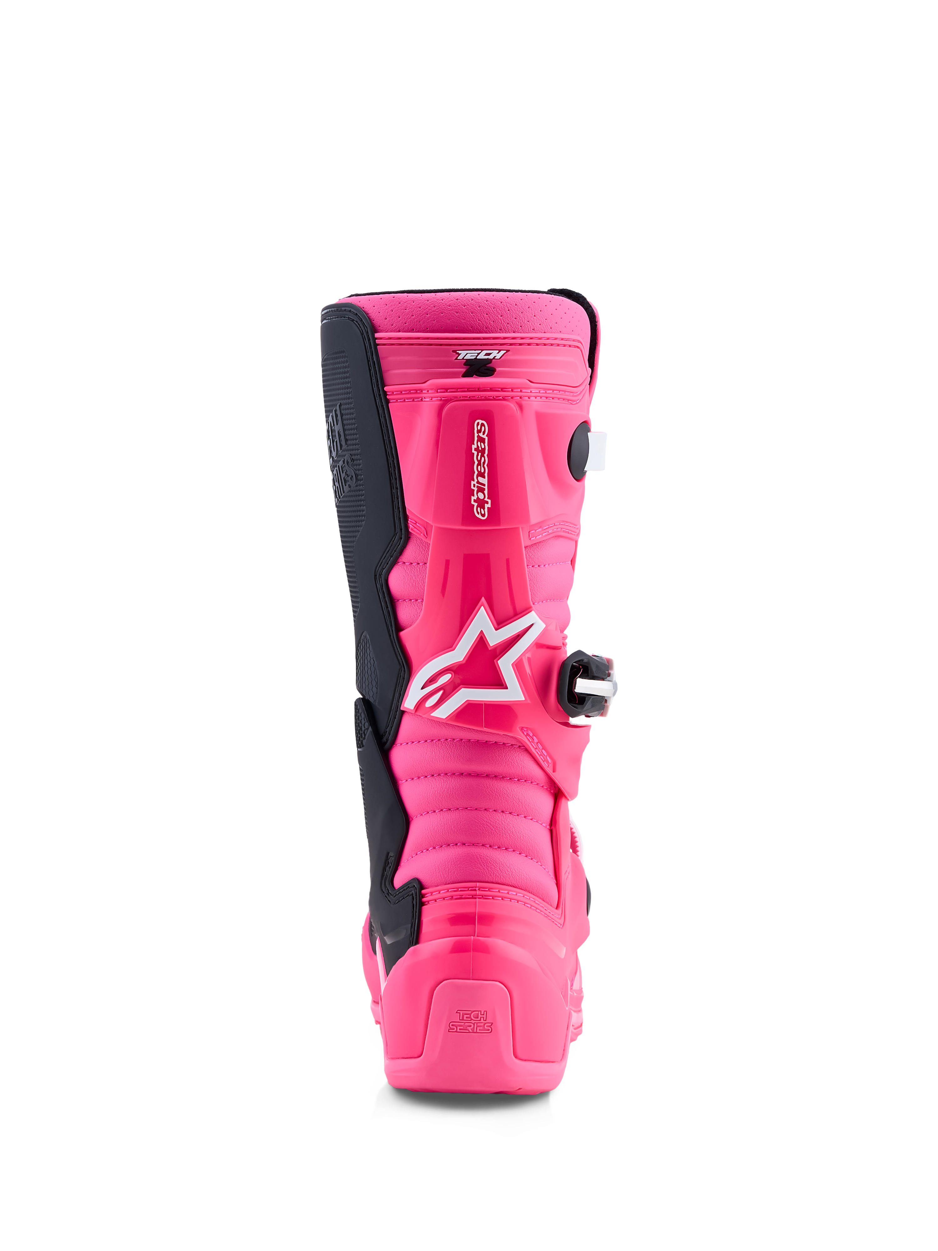 Alpinestars Jeugd Tech 7S motorcrosslaarzen in felroze en zwart, met TPU-bescherming en pivot-systeem, achteraanzicht.