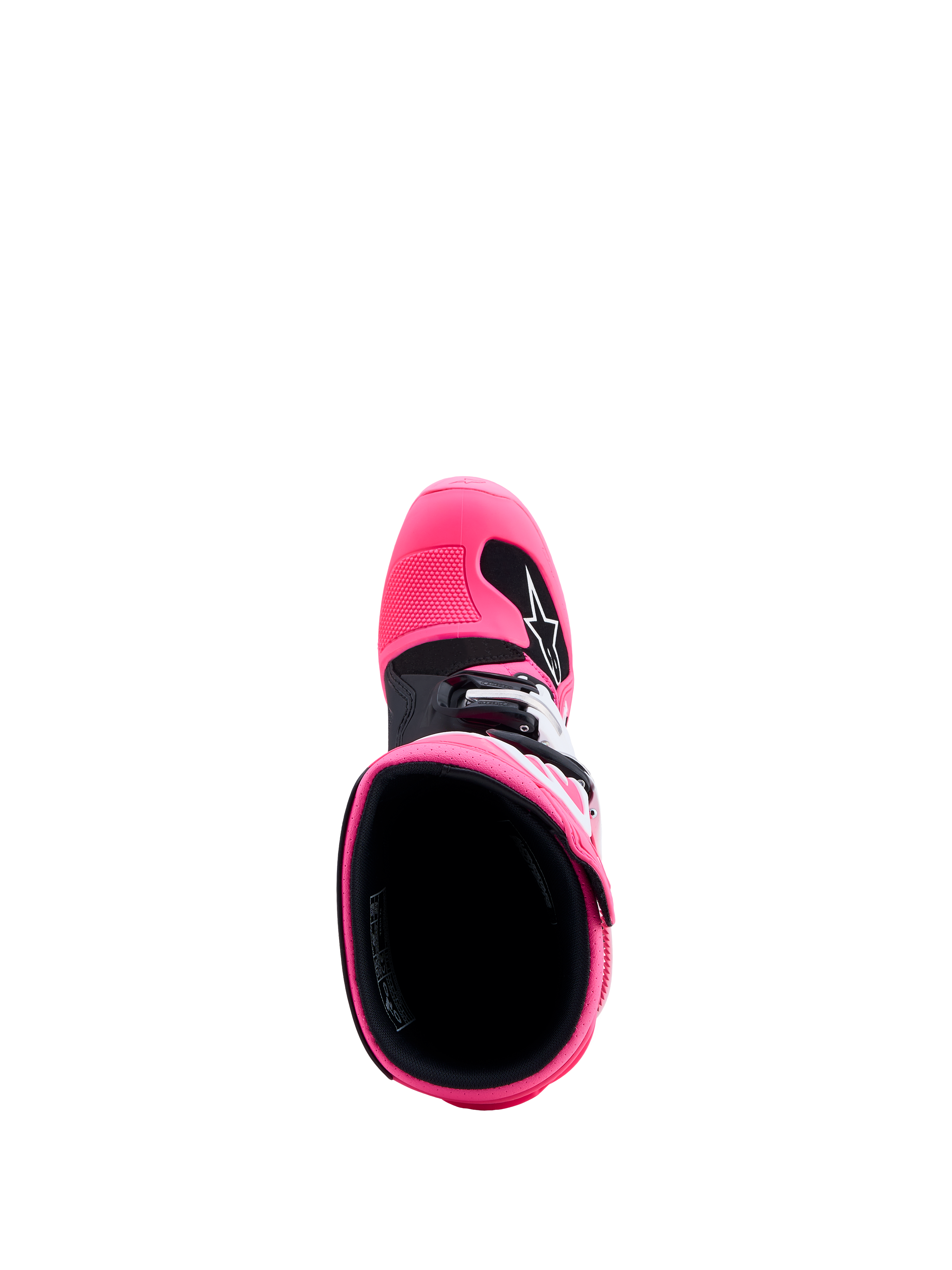 Alpinestars Jeugd Tech 7S laarzen, roze en zwarte motorcrosslaarzen, bovenaanzicht interieur en TPU-bescherming.