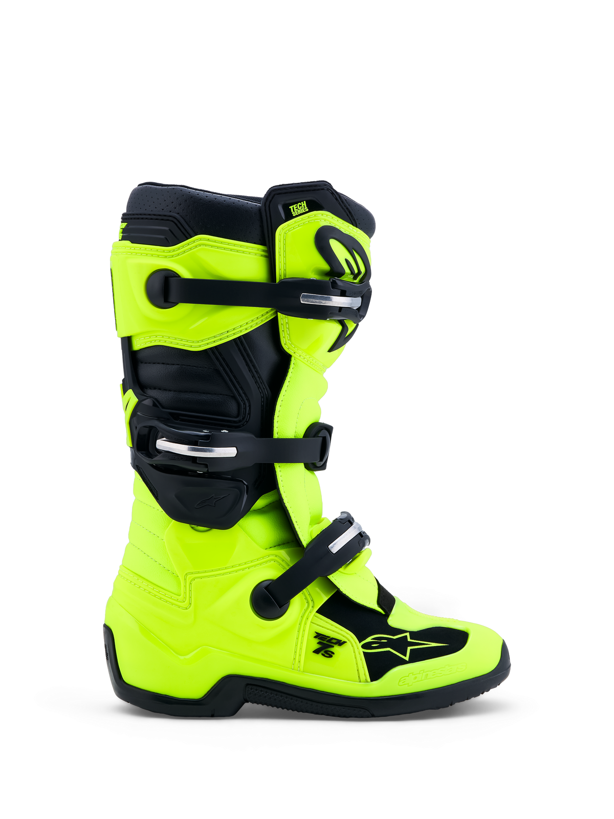 Alpinestars Tech 7S, bottes de motocross junior, jaune fluo et noires, dotées de protections TPU et fermetures à boucles, certifiées CE