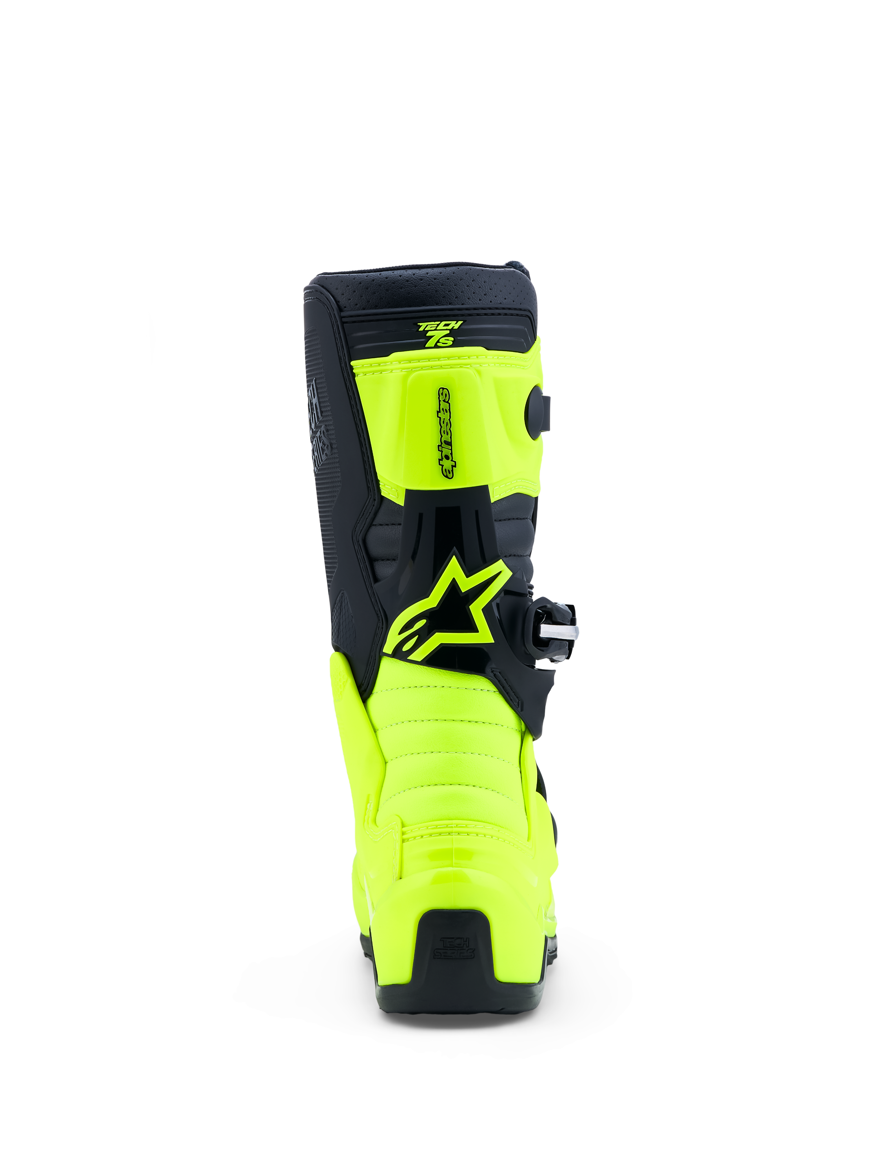 Alpinestars jeugd Tech 7S laarzen, motorcross laarzen, geel fluo en zwart, achterkant met TPU-panelen en Astar-logo.