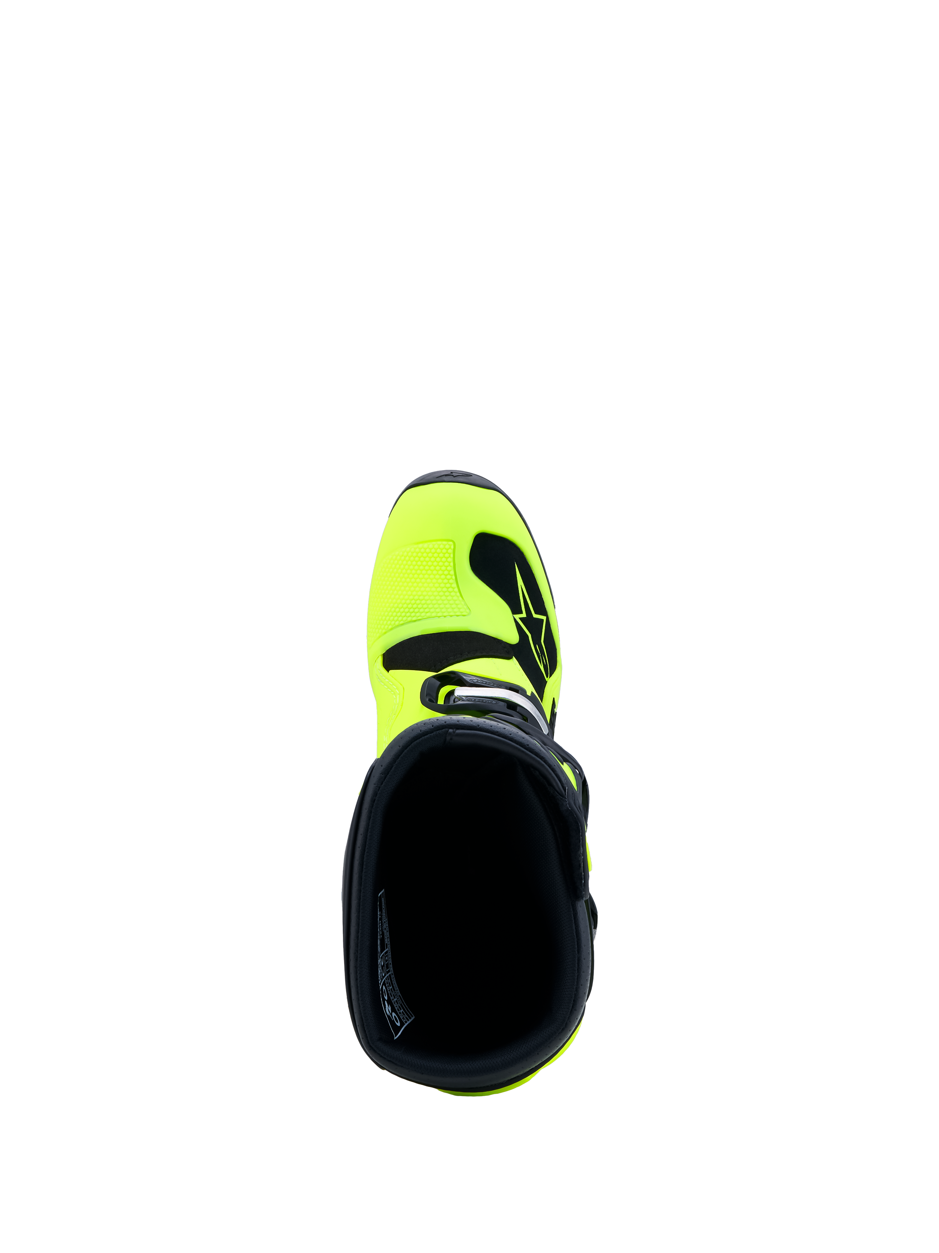 Alpinestars Jeugd Tech 7S Laarzen, geel en zwart, bovenaanzicht van de instap, junior motocrosslaarzen met microfiber gaiter.