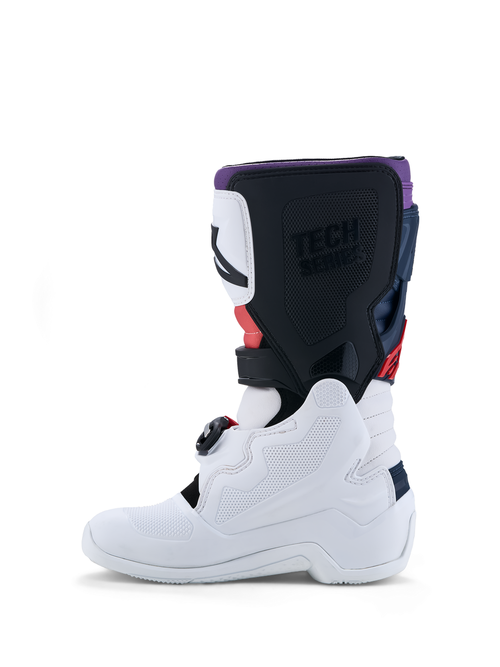 Alpinestars Jeugd Tech 7S motorcrosslaarzen, wit en zwart met rode accenten, duurzame TPU-constructie voor junior rijders.