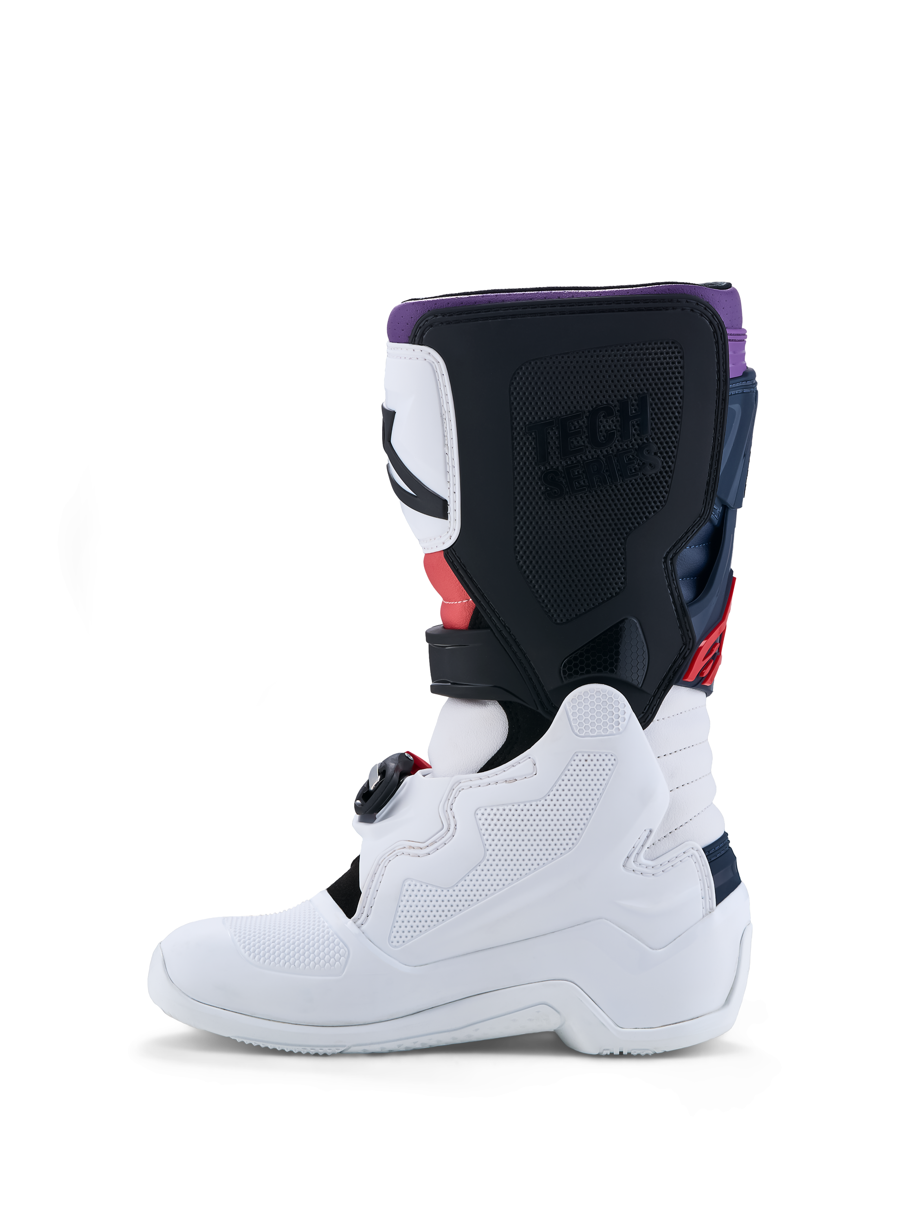 Alpinestars Jeugd Tech 7S motorcrosslaarzen, wit en zwart met rode accenten, duurzame TPU-constructie voor junior rijders.