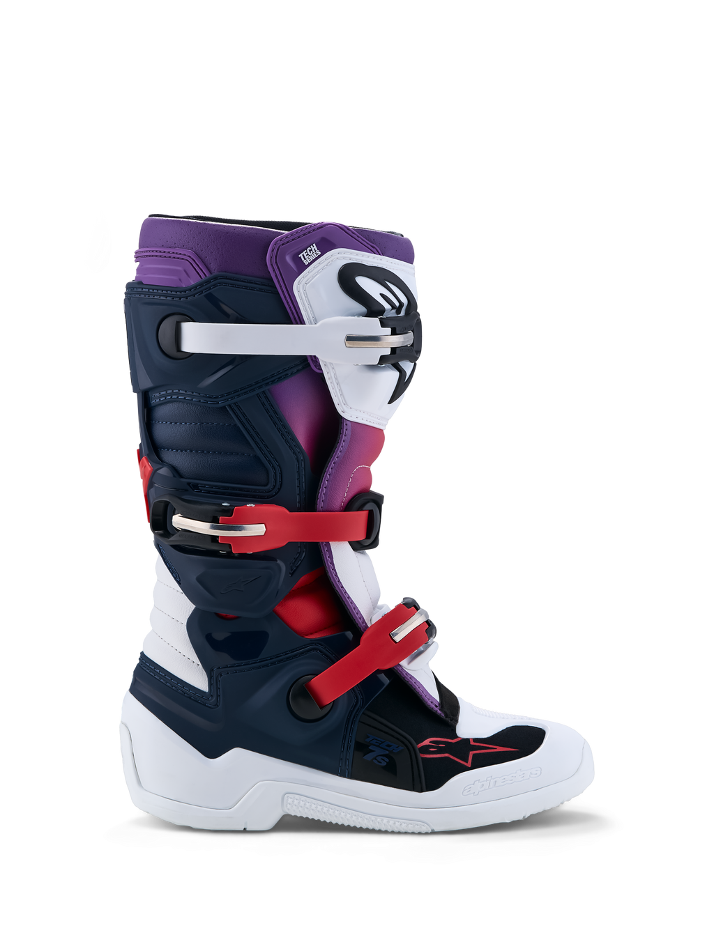 Alpinestars Jeugd Tech 7S laarzen, motorcrosslaarzen voor kinderen in donkerblauw, wit en rood met TPU-bescherming.