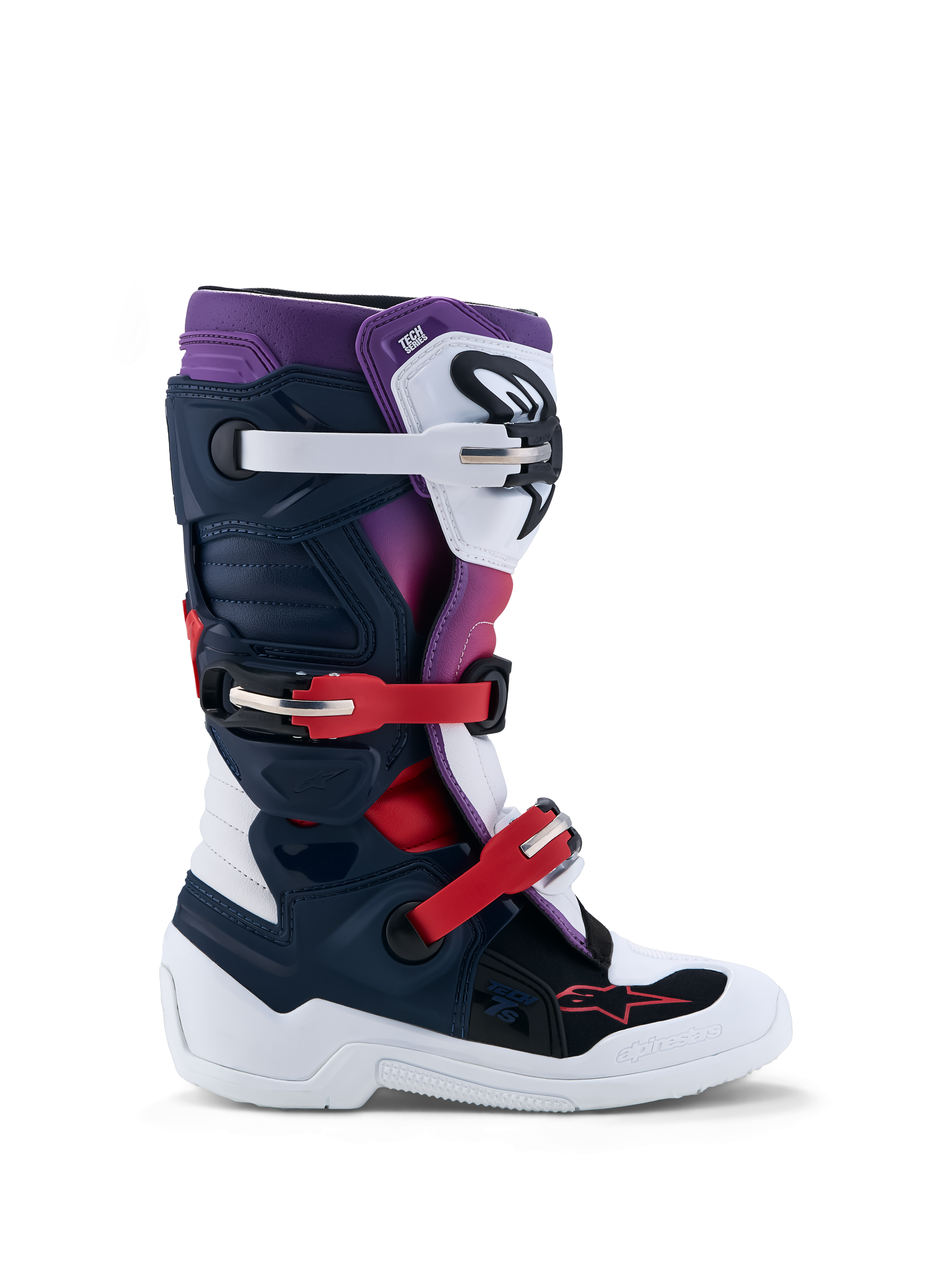 Alpinestars Jeugd Tech 7S laarzen, motorcrosslaarzen voor kinderen in donkerblauw, wit en rood met TPU-bescherming.