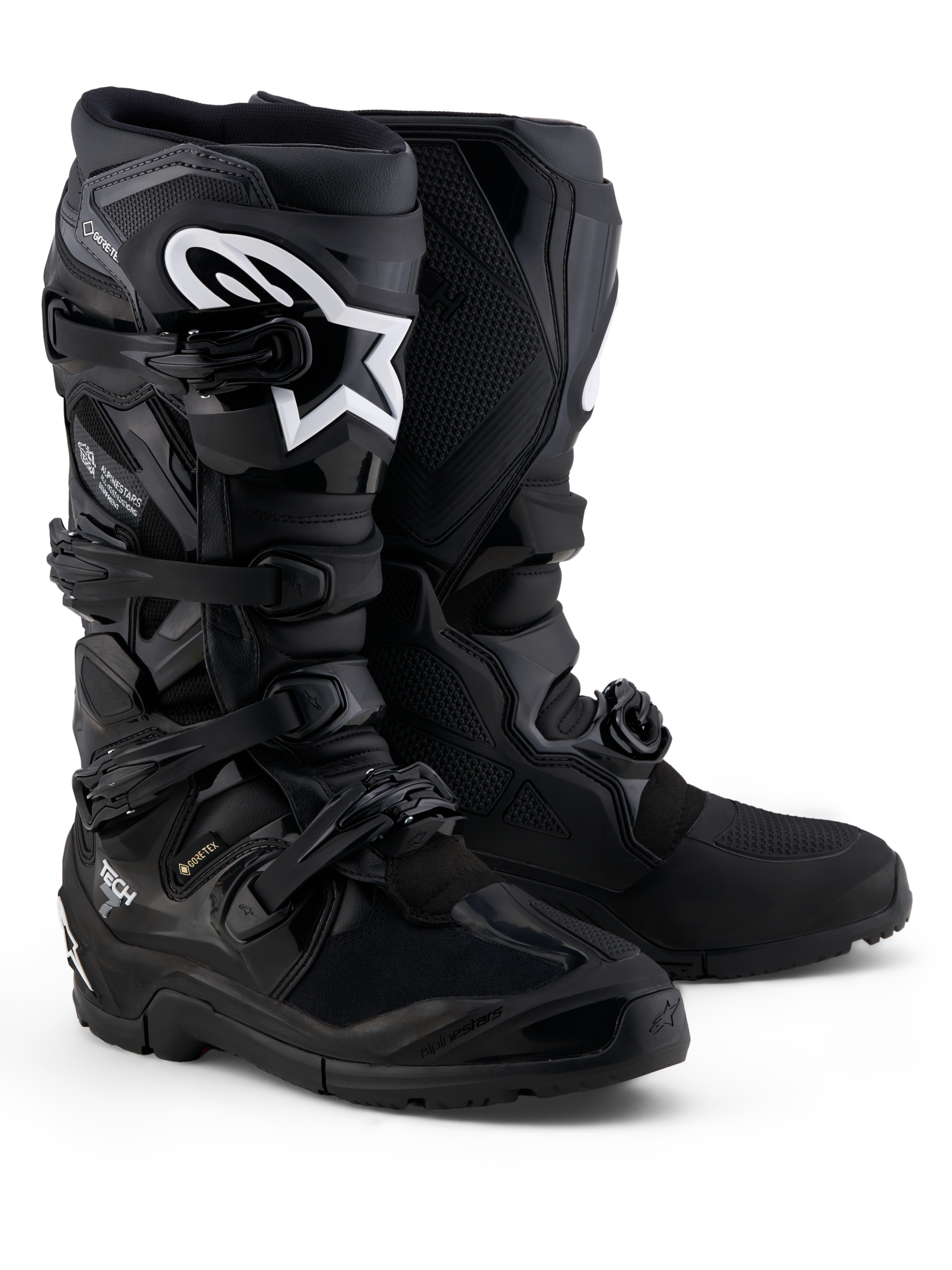 Alpinestars Tech 7 Enduro Gore-Tex laarzen, waterdichte off-road motorlaarzen voor heren, zwart en grijs met wit logo, voorzien van beschermende TPU-constructie en een speciale enduro-zool voor terreinrijden.