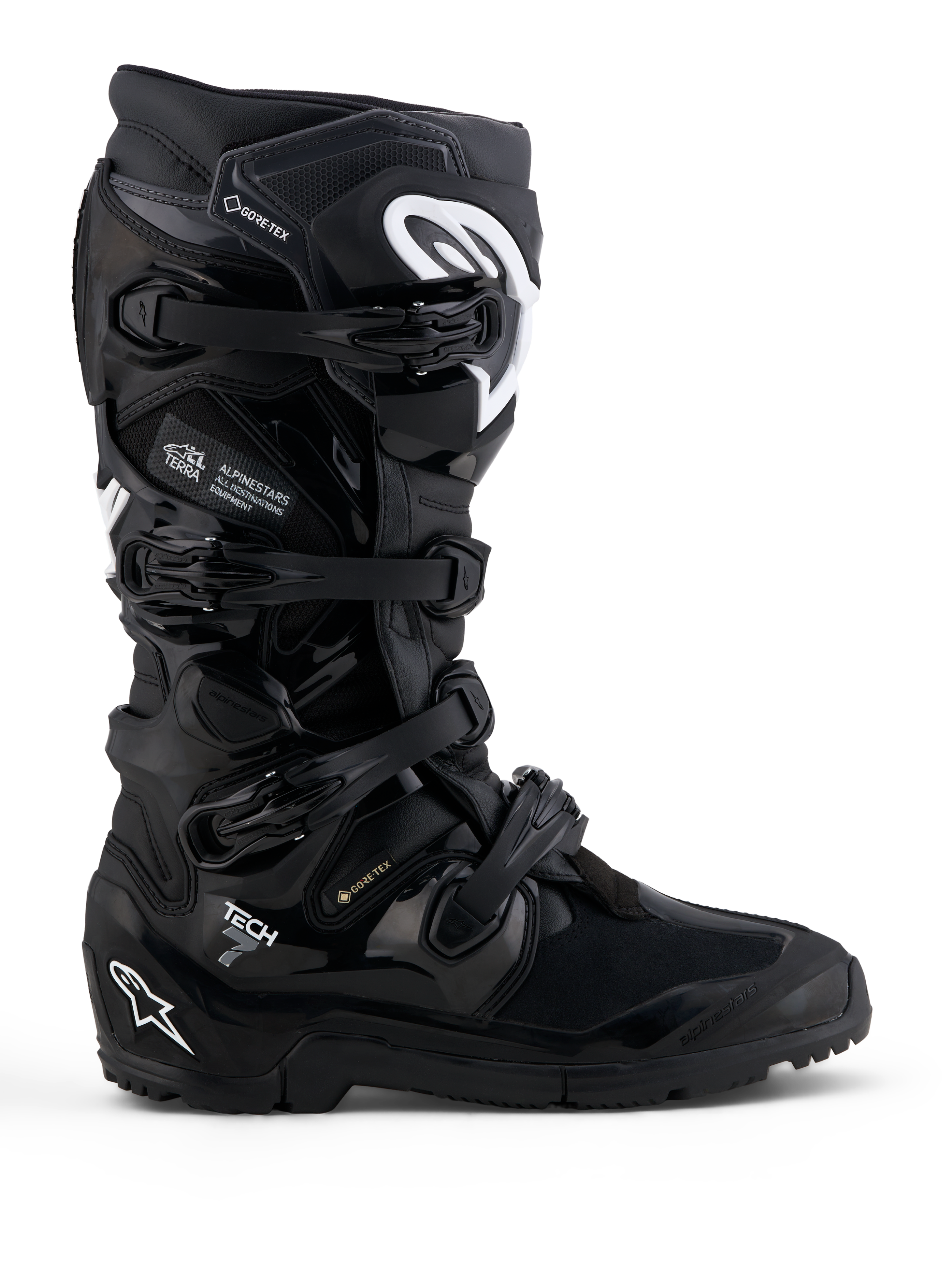 Alpinestars Tech 7 Enduro Gore-Tex laarzen, waterdichte off-road motorlaarzen, zwart en wit, TPU-bescherming, gripvaste zool, CE-gecertificeerd.