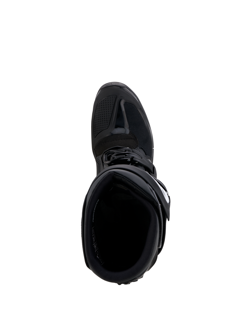 Alpinestars Tech 7 Enduro Gore-Tex laarzen, zwarte en grijze waterdichte off-road motorlaarzen met een versterkt TPU-schakelgebied, bovenaanzicht.