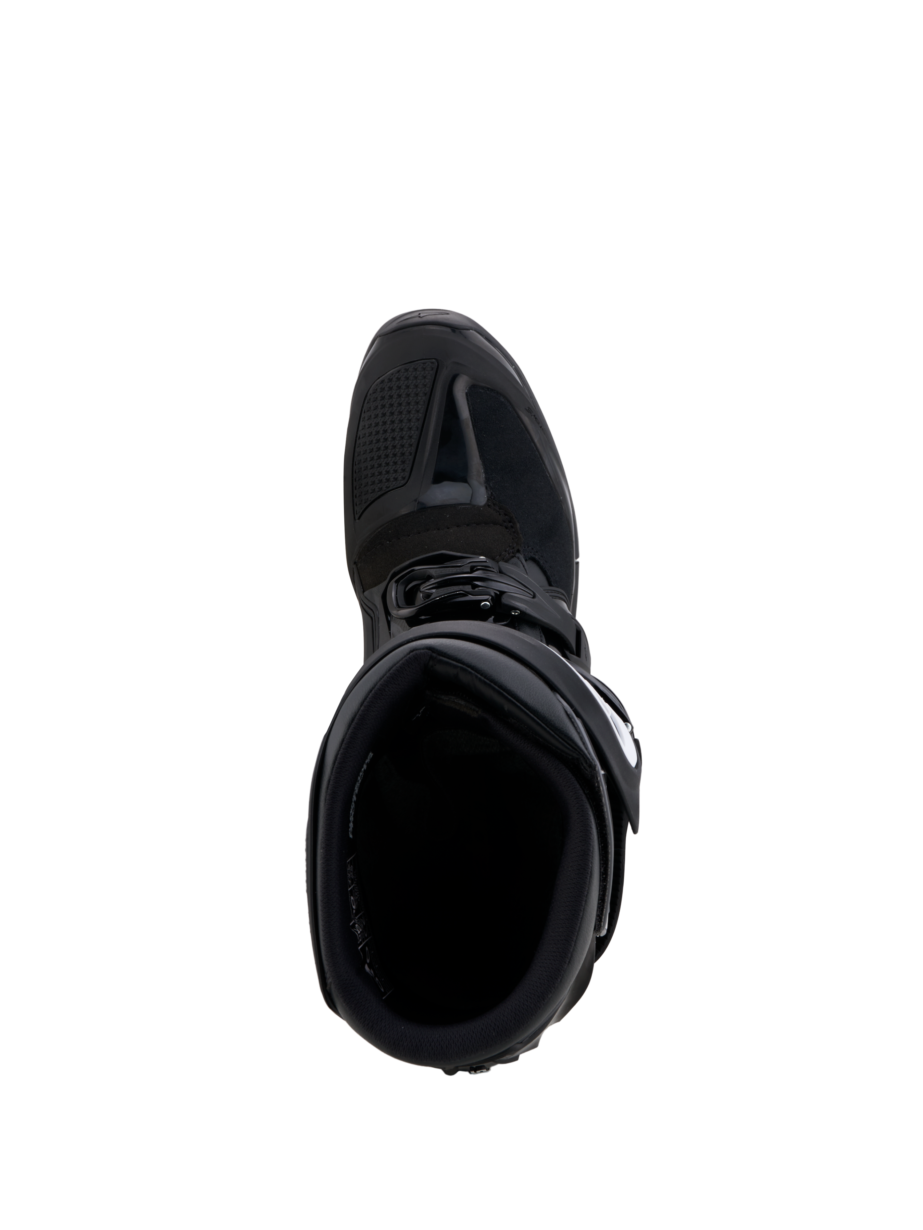 Alpinestars Tech 7 Enduro Gore-Tex laarzen, zwarte en grijze waterdichte off-road motorlaarzen met een versterkt TPU-schakelgebied, bovenaanzicht.