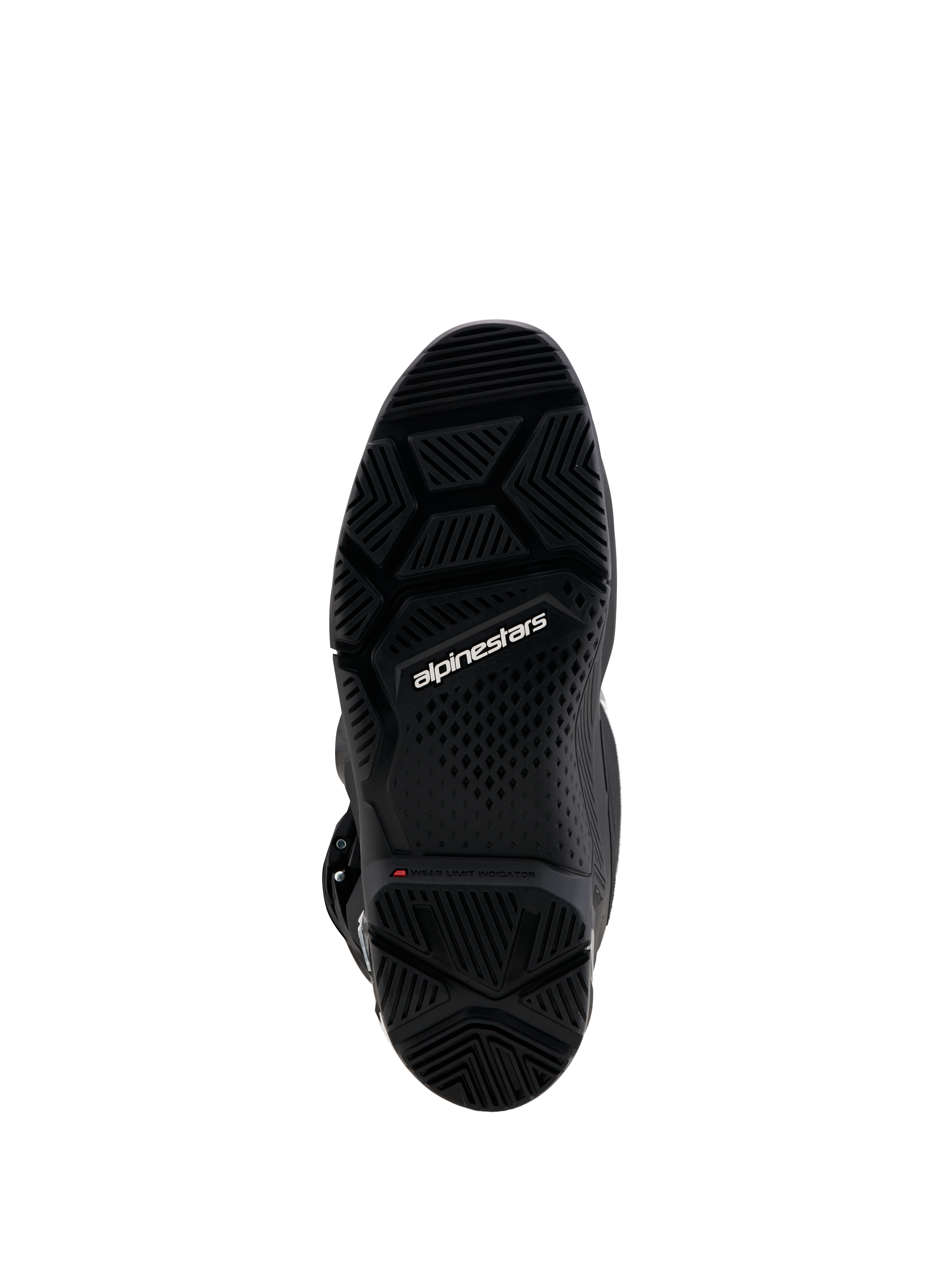 Alpinestars Tech 7 Enduro Gore-Tex motorlaarzen, zwarte zool met rode slijtagelimietindicator en stevige grip.